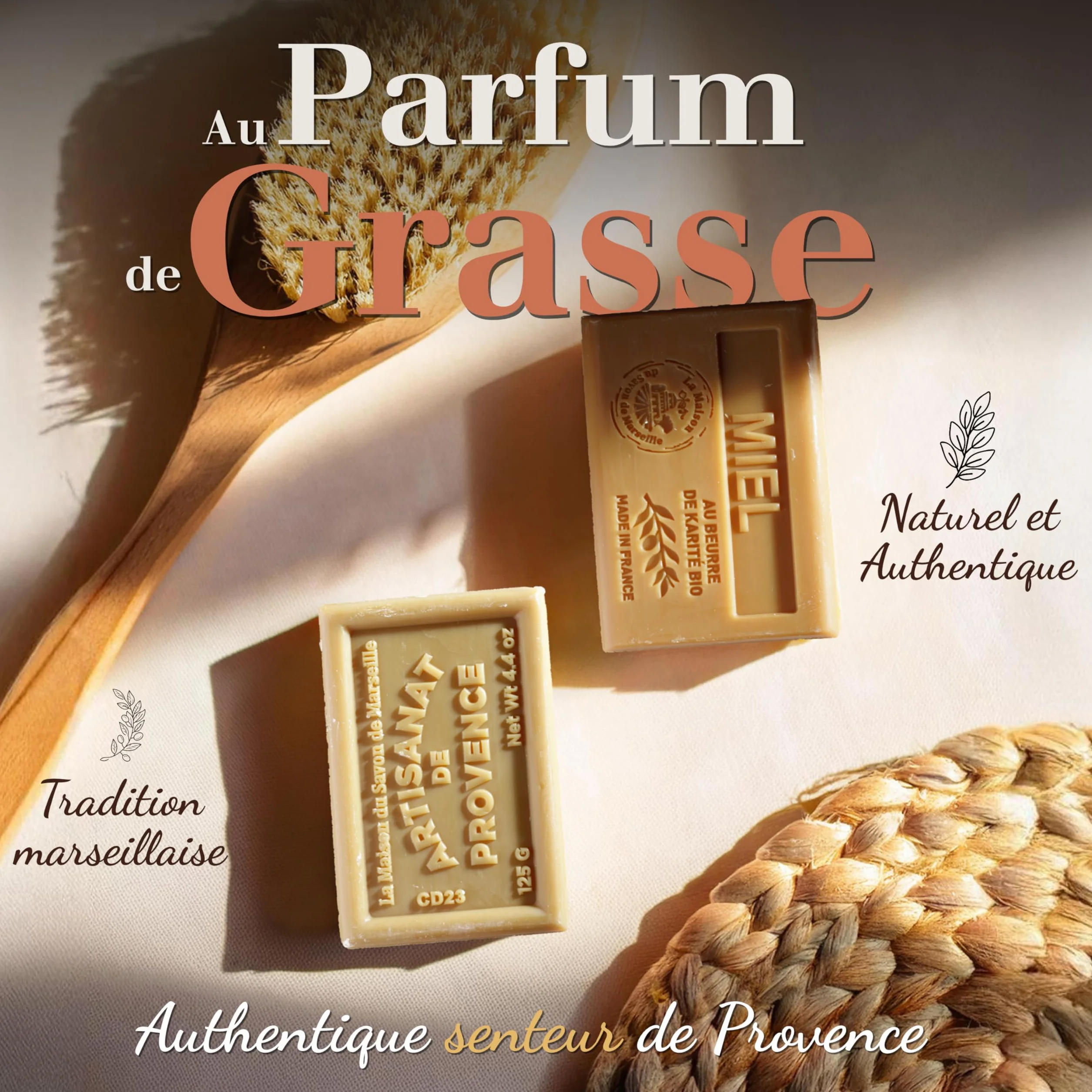 Savon Solide au Monoï Beurre de Karité Bio 97% Ingrédients Naturels Fabriqué en Provence Main Corps Hydratant 3x125g