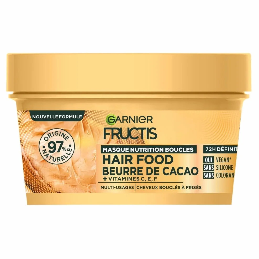 Garnier Fructis Hair Food Masque Nutrition Boucles Beurre Cacao Vegan 97% Naturelle Cheveux Bouclés Frisés 320 ml