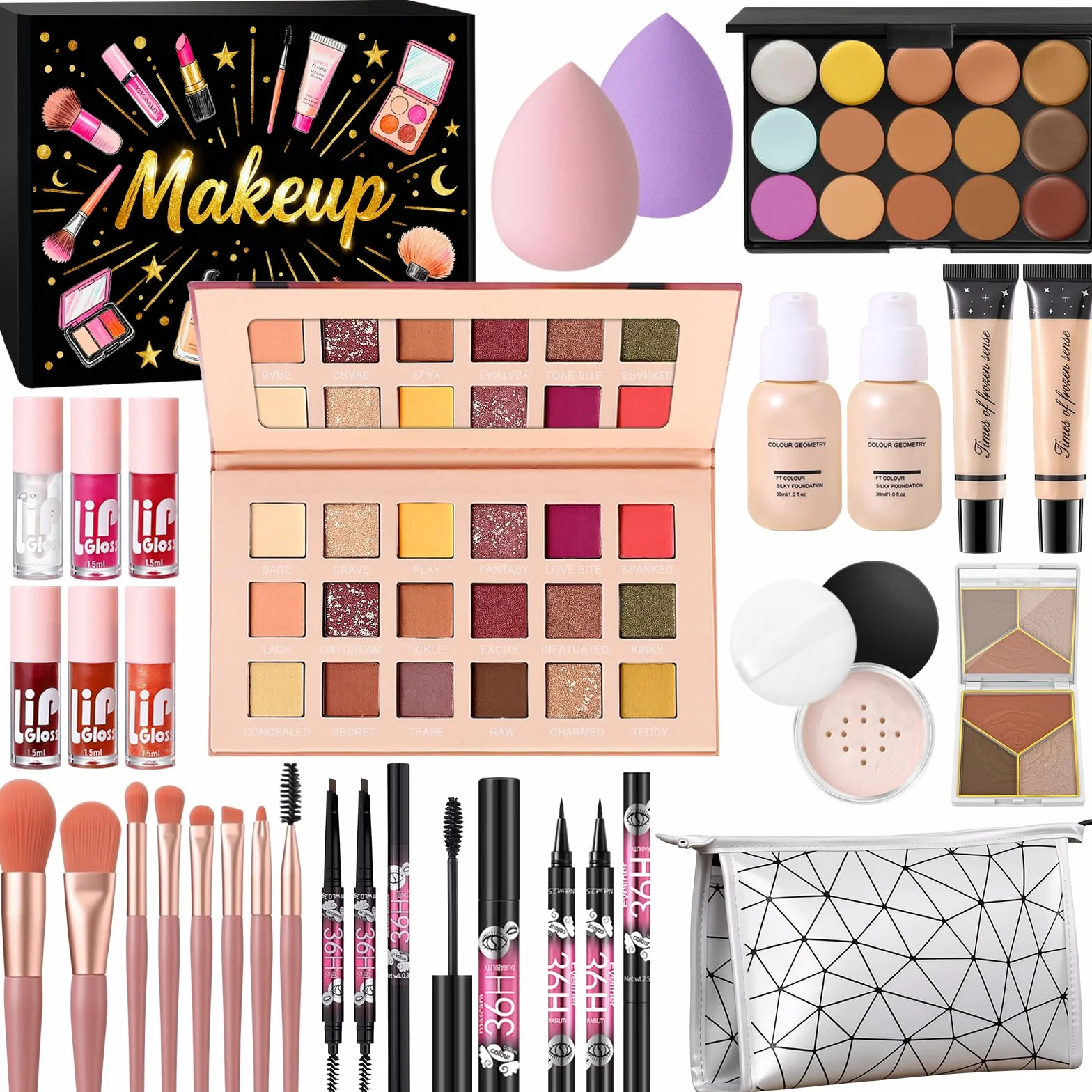 Coffret Maquillage Professionnel Femme avec Palette Yeux Fond de Teint Correcteur Contour Gloss Lèvres Eyeliner Mascara Crayon Sourcil Pinceaux