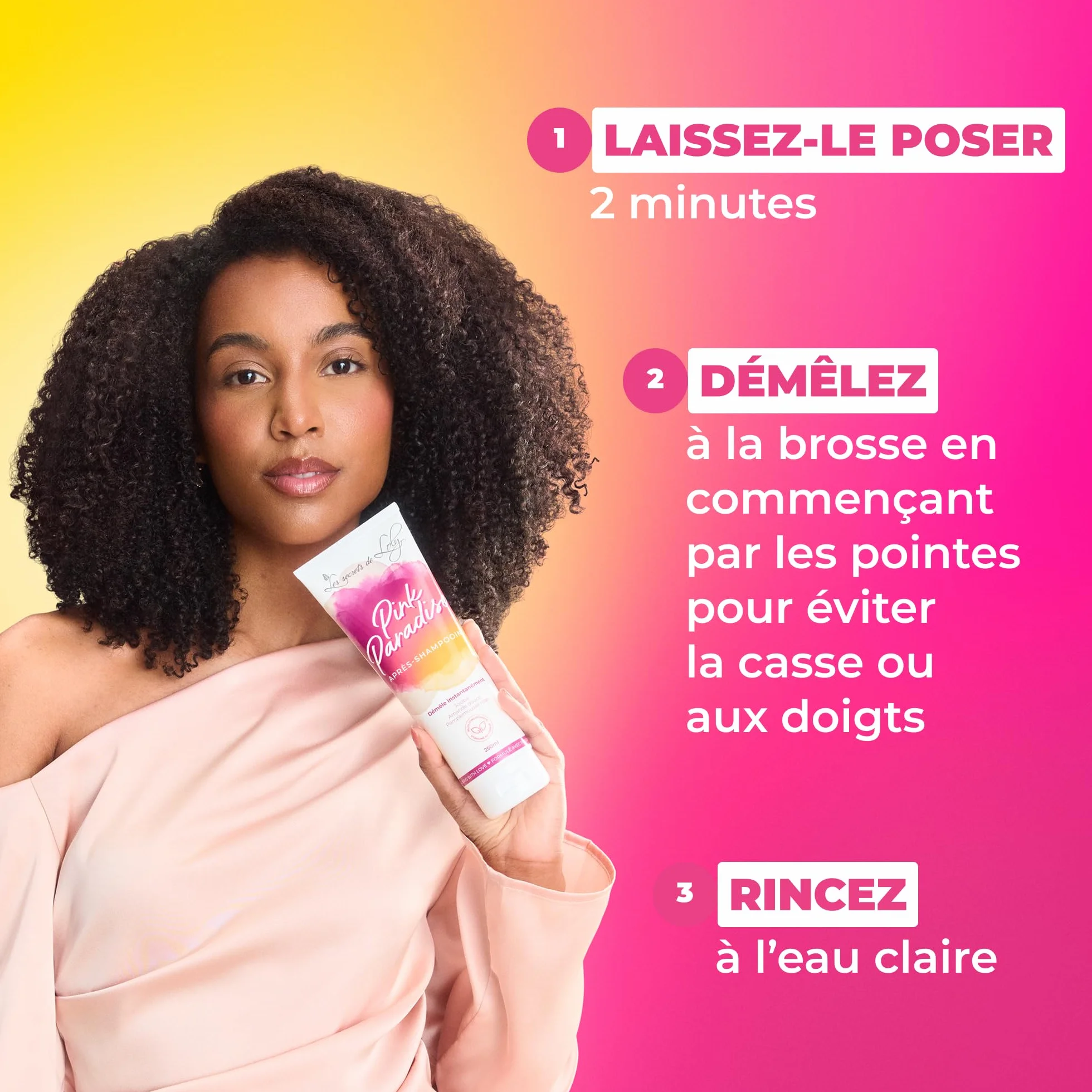 Les Secrets de Loly Après-shampooing ultra démêlant Pink Paradise 250 ml Fortifie & adoucit Cheveux ondulés bouclés frisés crépus 98% d'origine naturelle