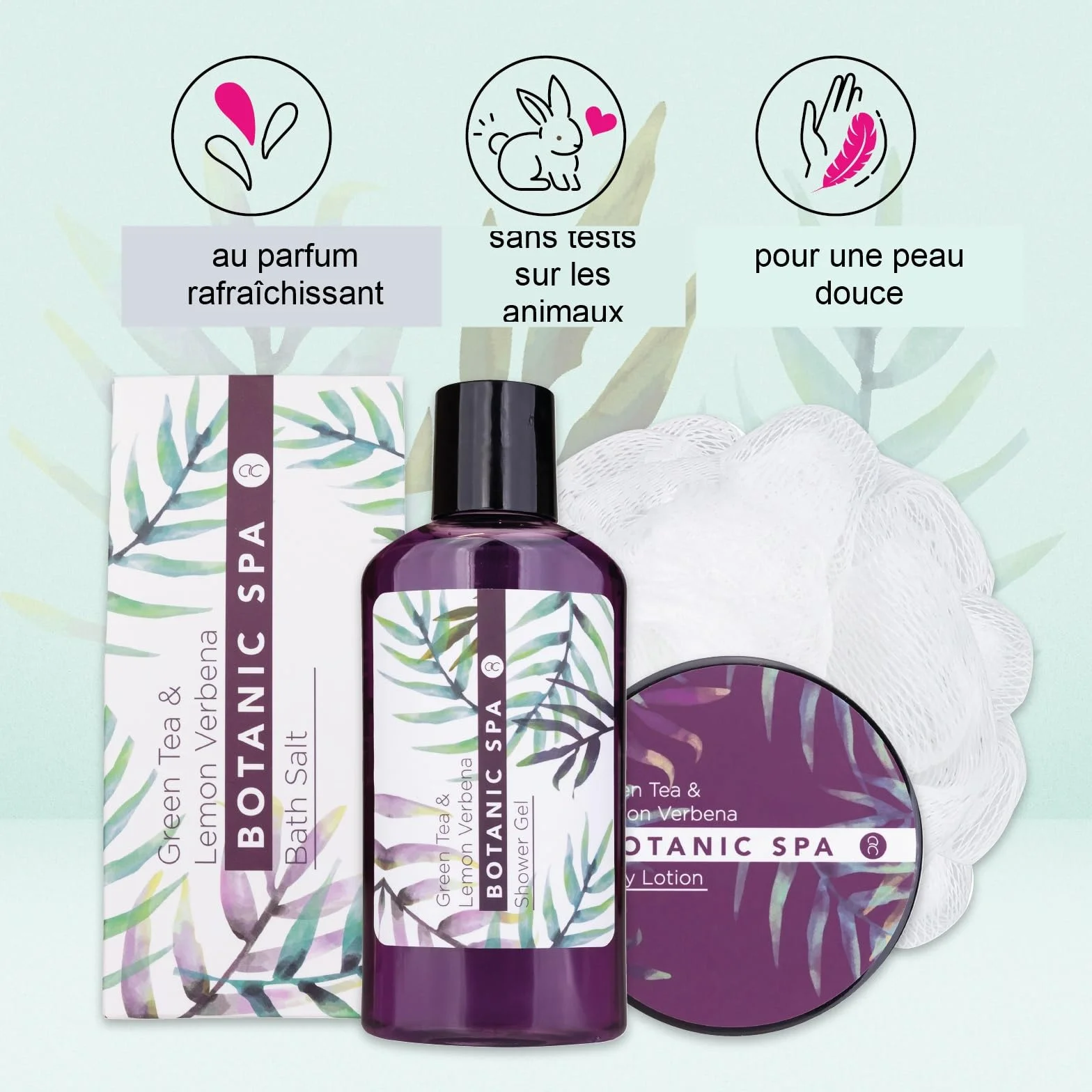 Accentra Set de bain femme Botanic SPA corbeille Kit soins 4 pcs gel douche sel de bain lotion corps éponge maillée