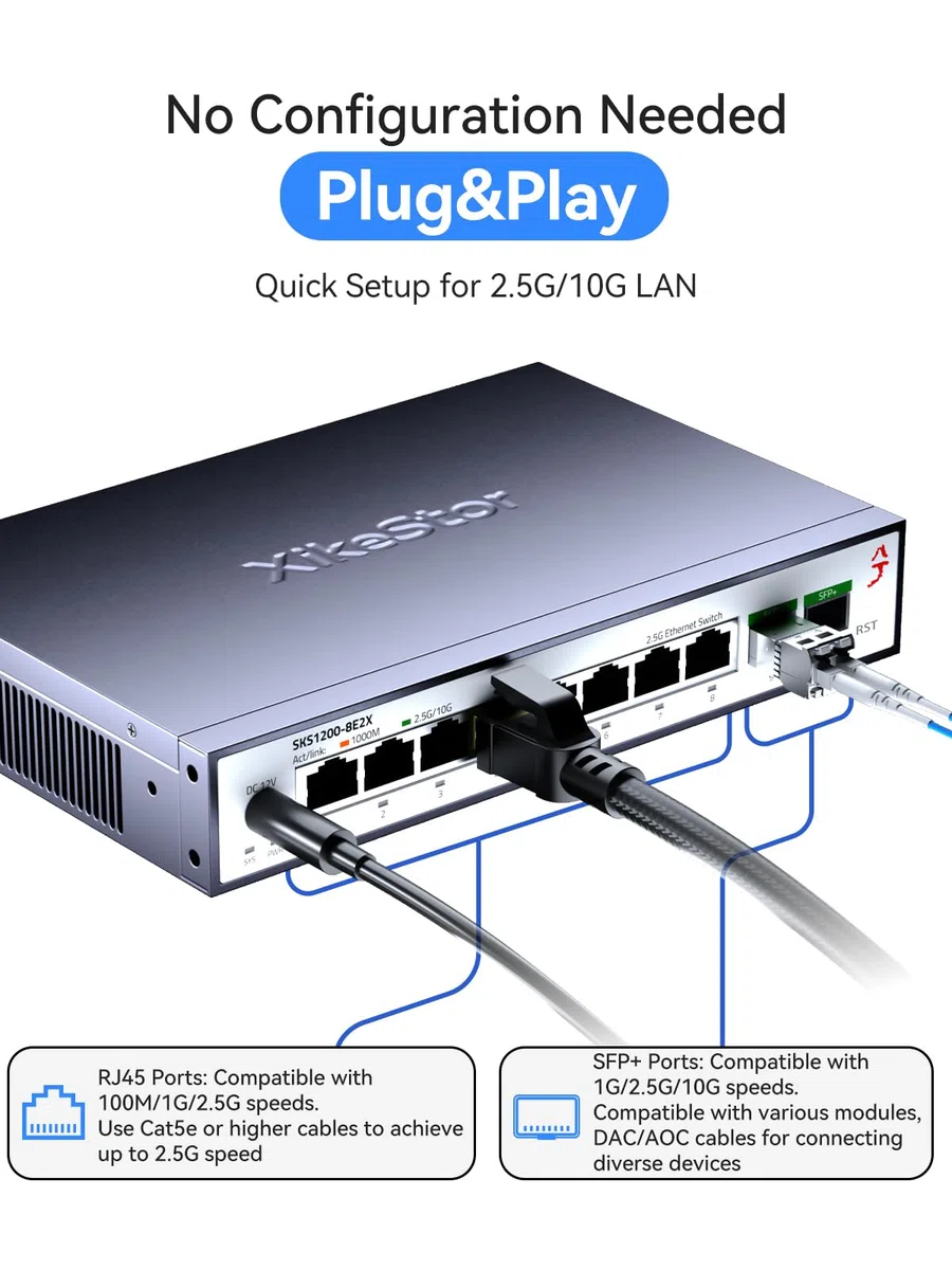 Commutateur Ethernet non géré 8 ports 2,5 G avec 2 x 10 G SFP+, commutateur réseau 2,5 Gigabit, concentrateur Ethernet 2,5 Go, Plug & Play, boîtier en métal, support de bureau/mural