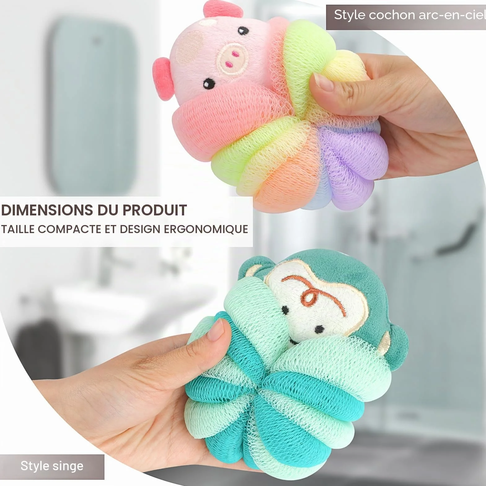 PHOGARY Lot de 3 Fleur de Douche Lavable pour Enfants, Éponges Luffa en Forme d'Animal