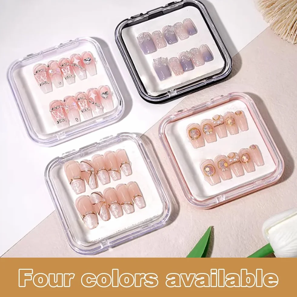Boîtes de Rangement pour Ongles 12 Pièces 6.5 x 6.5 x 0.8CM Présentoir Press on Nails avec Ruban Adhésif Double Face