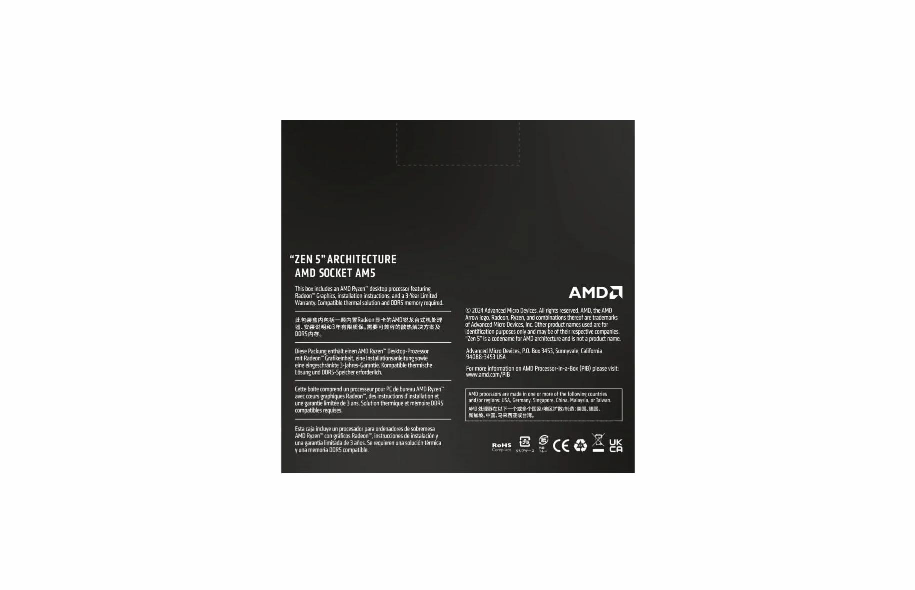 AMD Ryzen 5 9600X Processeur 6 Cœurs 12 Threads 65W TDP Socket AM5 Cache 38Mo 5.4 GHz Boost Sans Ventilateur