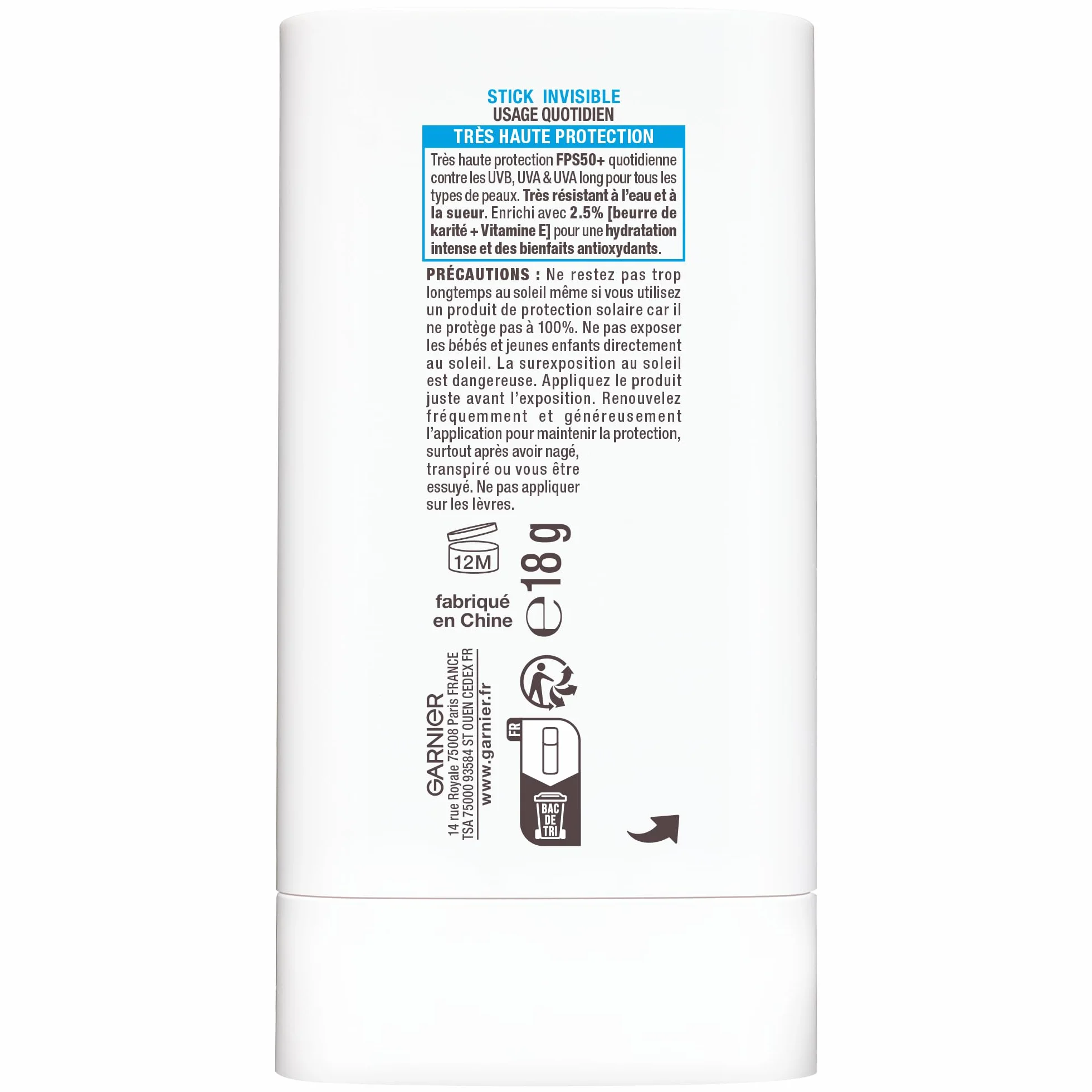 GARNIER Ambre Solaire Super UV Stick SPF 50+ Visage Zones Sensibles Protection Solaire Invisible 18GR