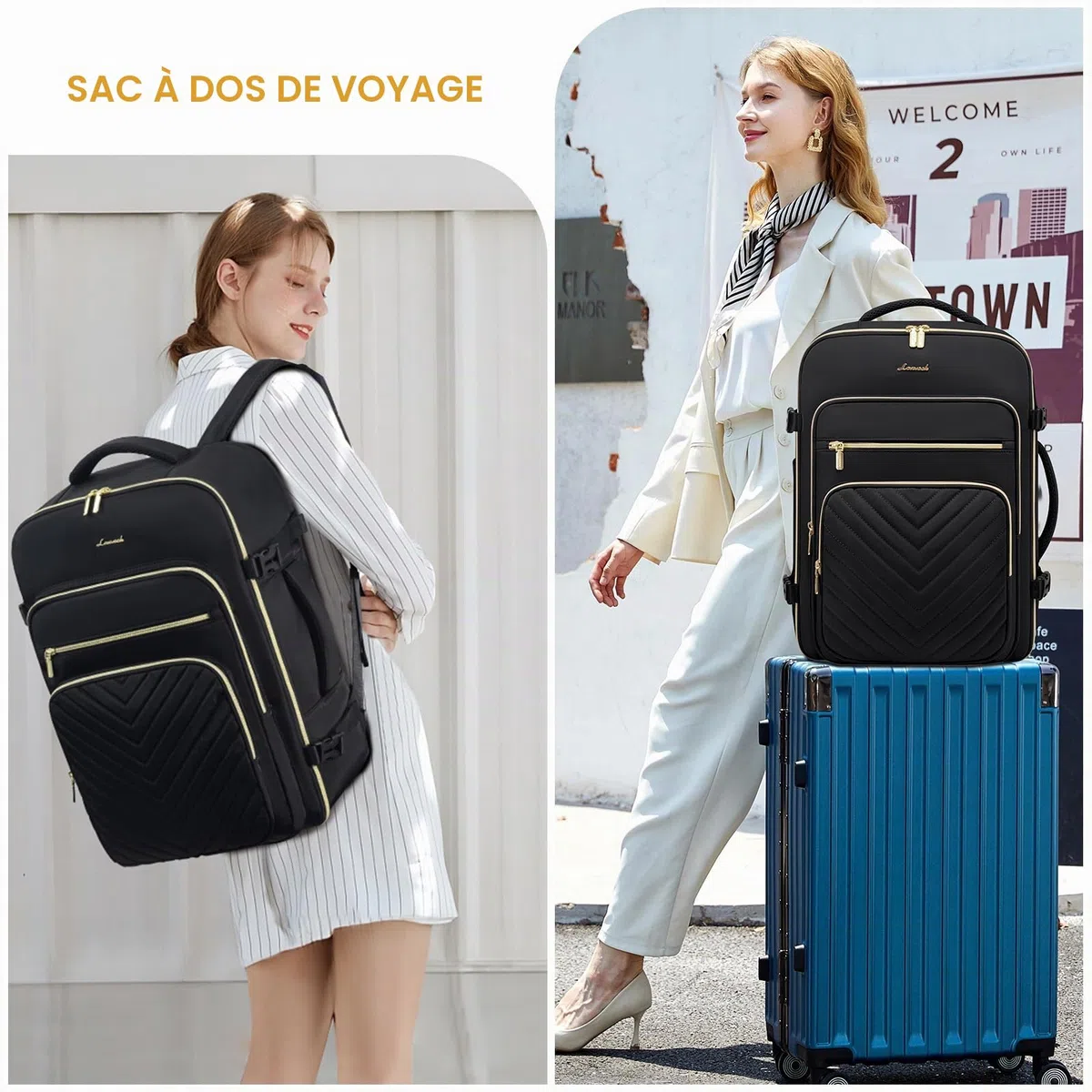 LOVEVOOK Sac à Dos Voyage Cabine Avion, 50L Sac De Voyage Femme Bagages Cabine pour Easyjet Ryanair, Imperméable Sac Ordinateur Portable 18 Pouces Valise de Randonnée Affaires Travail, Noir