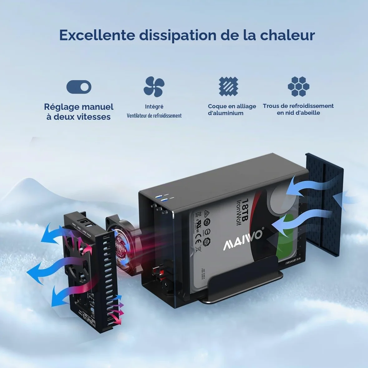 MAIWO Boîtier Raid à Double Baie avec Ventilateur de Refroidissement pour SSD SATA 2,5/3,5", boîtier USB 3.0 5 Gbit/s, capacité de 48 to, Raid 0/1/JBOD/PM, boîtier en Aluminium
