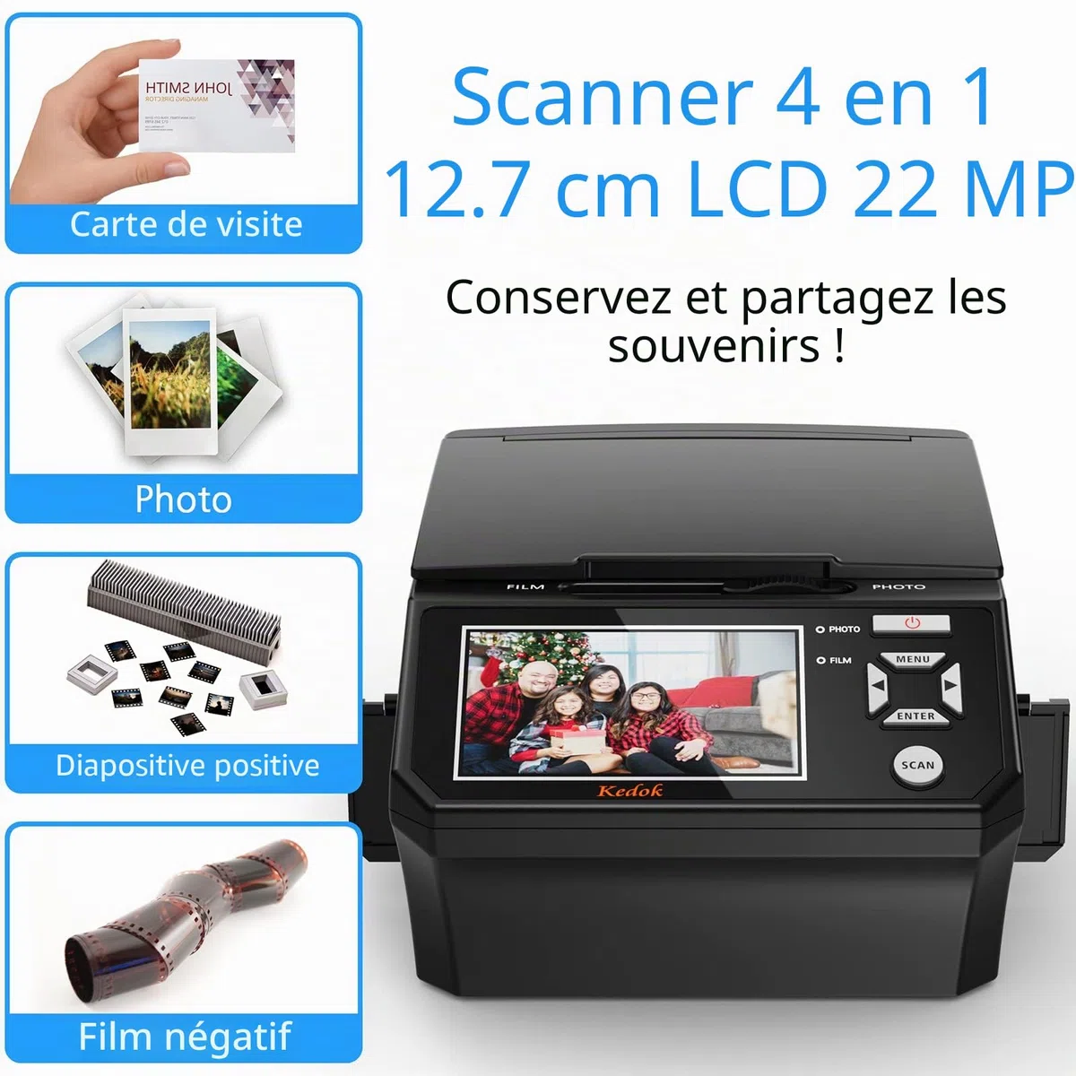 HD 22 MP Photo & Scanner de Diapositives et Négatifs 35 mm,110 Films/Photos Multifonction Scanner, avec Grand écran LCD 5", Convertir des Photos dans Les fichiers JPG numérique