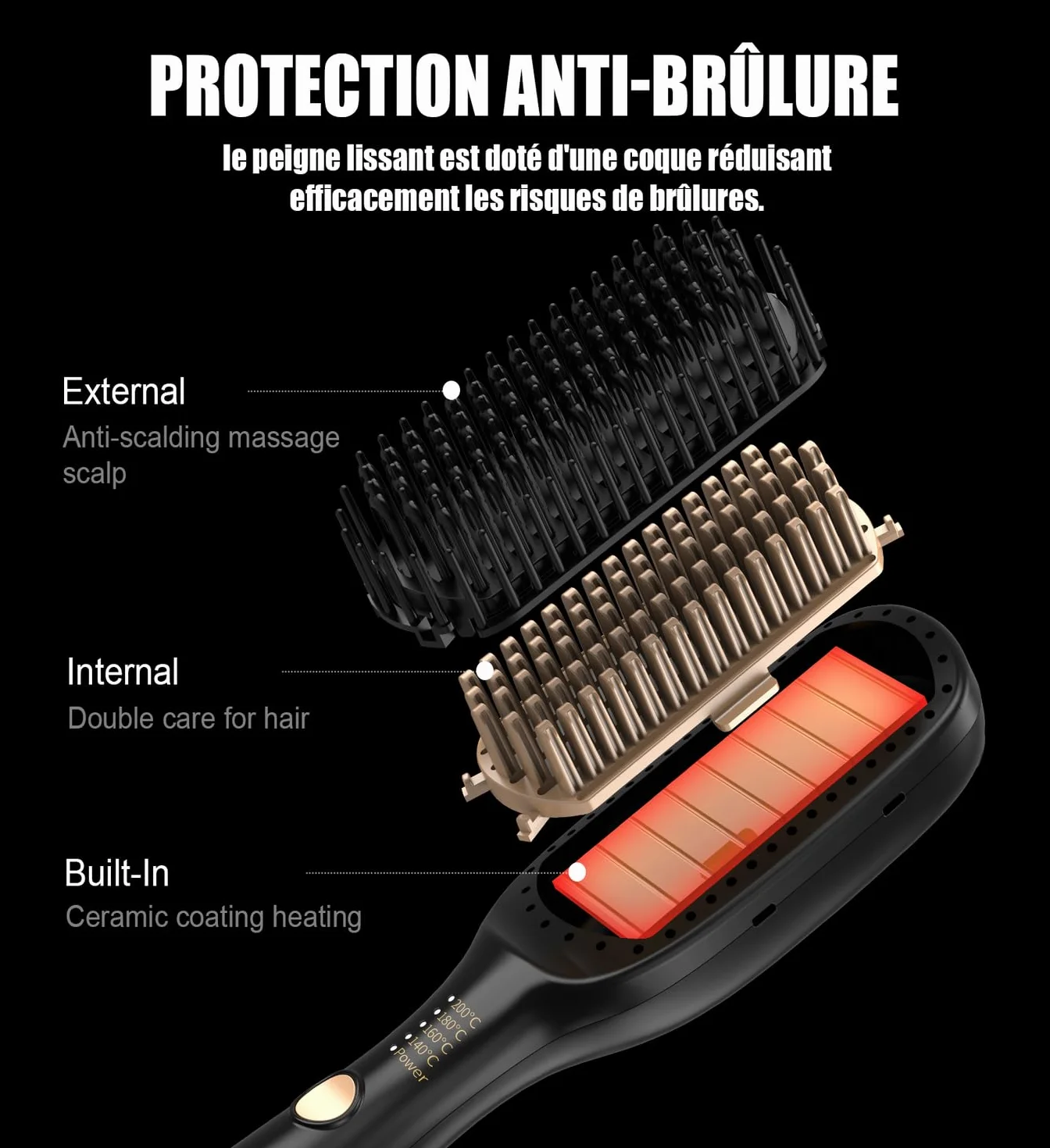 Lisseur Cheveux Professionnel Brosse Lissante 4 Températures 140-200°C Ions Négatifs Or