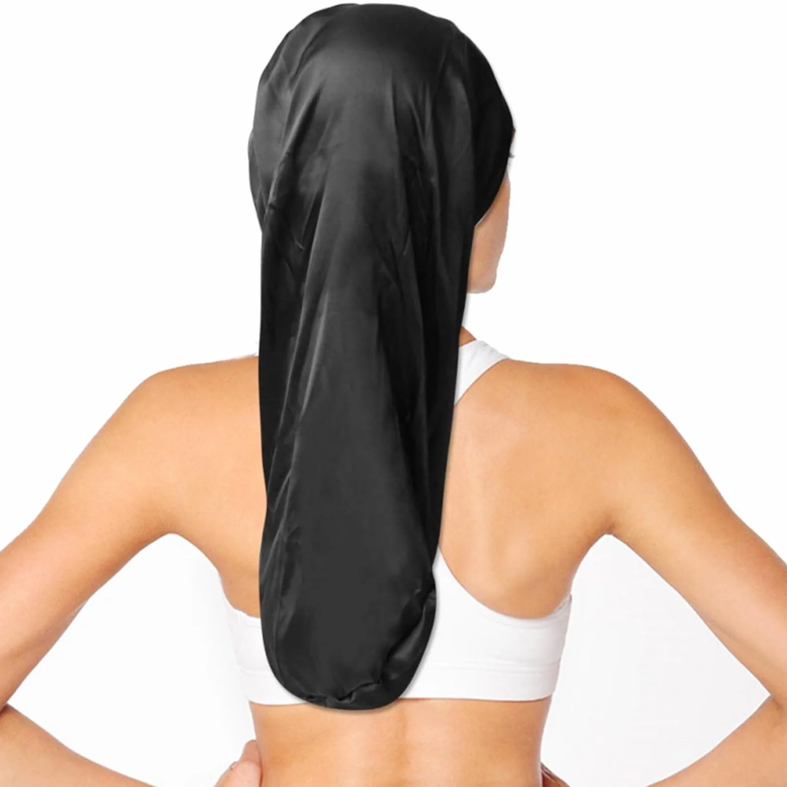 Bonnet de Nuit en Satin Réglable pour Cheveux Longs et Bouclés Noir