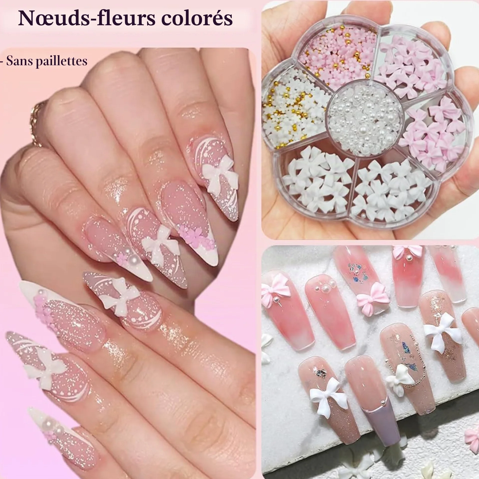 Boîtes de breloques pour ongles 3D nœud fleur demi-perle roses pailletées accessoires manucure loisirs créatifs