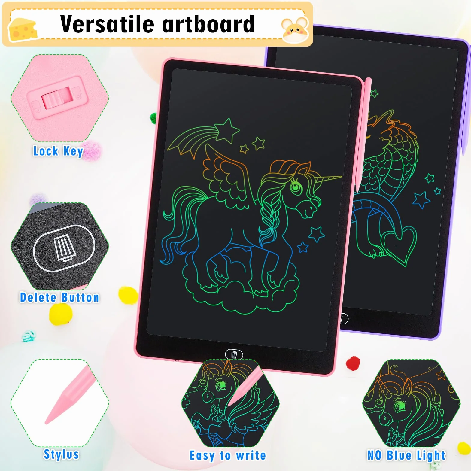 Tablette D'écriture LCD 16 Pouces avec Écran Coloré Effaçable, Rose + Violet