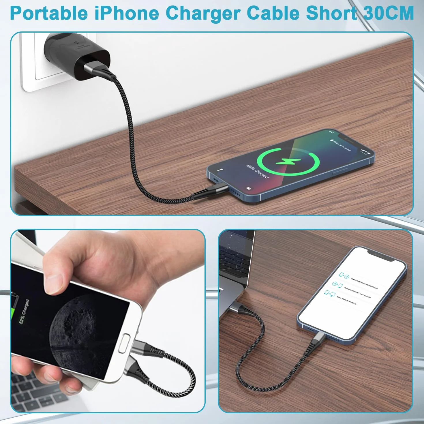 Câble iPhone Court MFi 30cm 2Pack, Câble Lightning USB Charge Rapide Nylon pour iPhone 14/13/12/11/XS MAX/XR/8/7/6/SE
