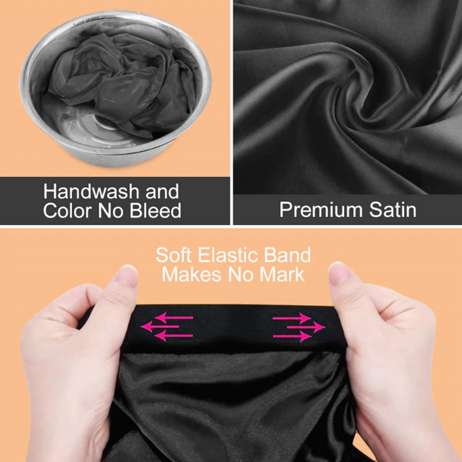 Bonnet de Nuit en Satin Réglable pour Cheveux Longs et Bouclés Noir