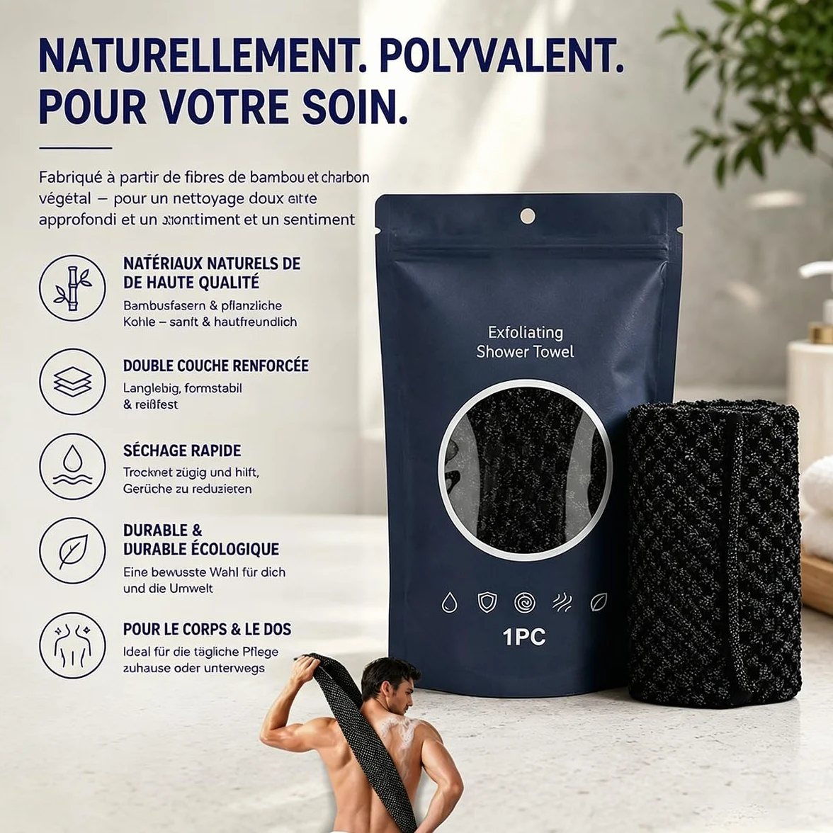 Ecovia Serviette Exfoliante Douce Corps Visage Lot 3 Couleurs Noir Rose Bleu