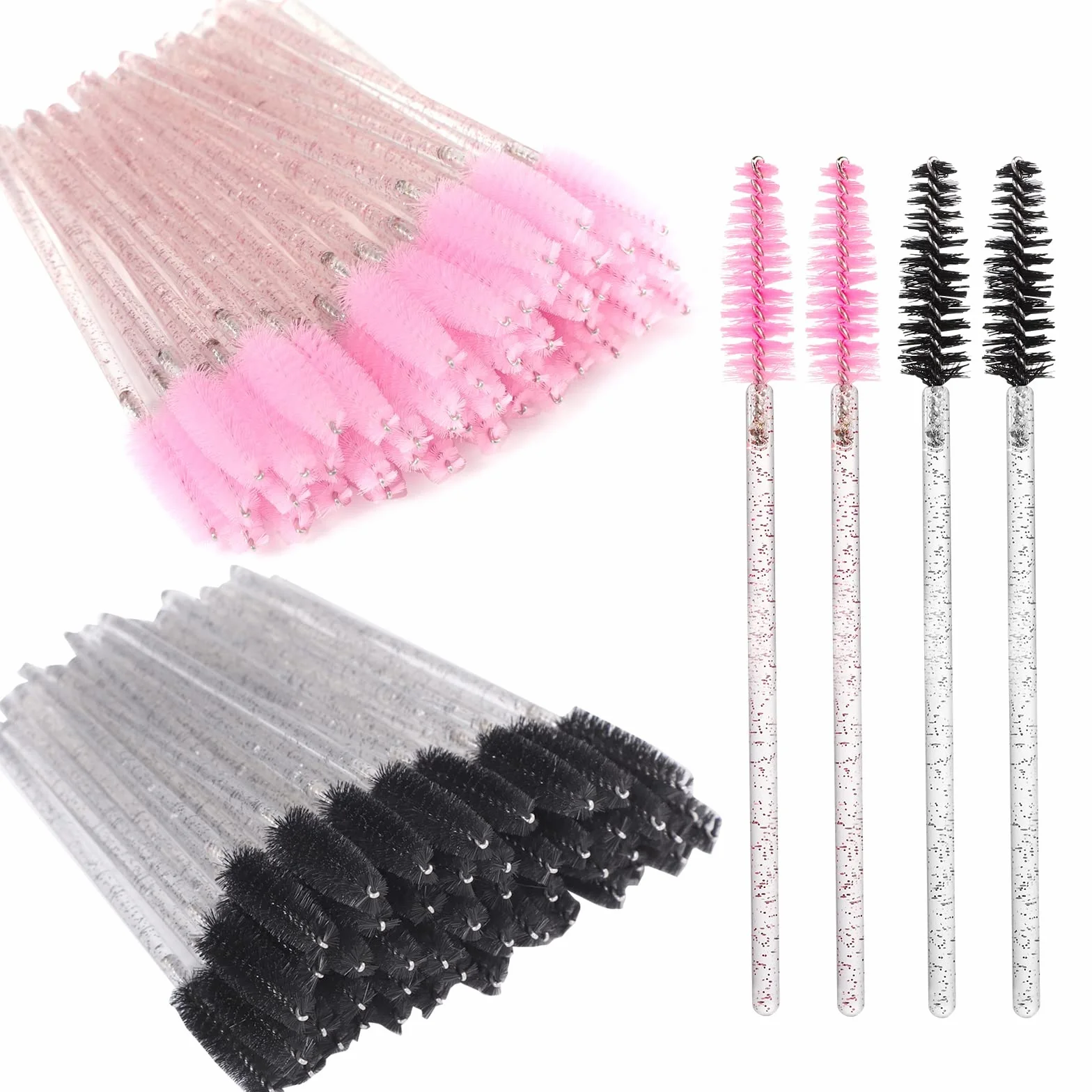 Brosses à Cils Jetables Lot de 100, Goupillon Cils avec Poignée en Cristal, Applicateur Maquillage Cils (Rose, Noir)