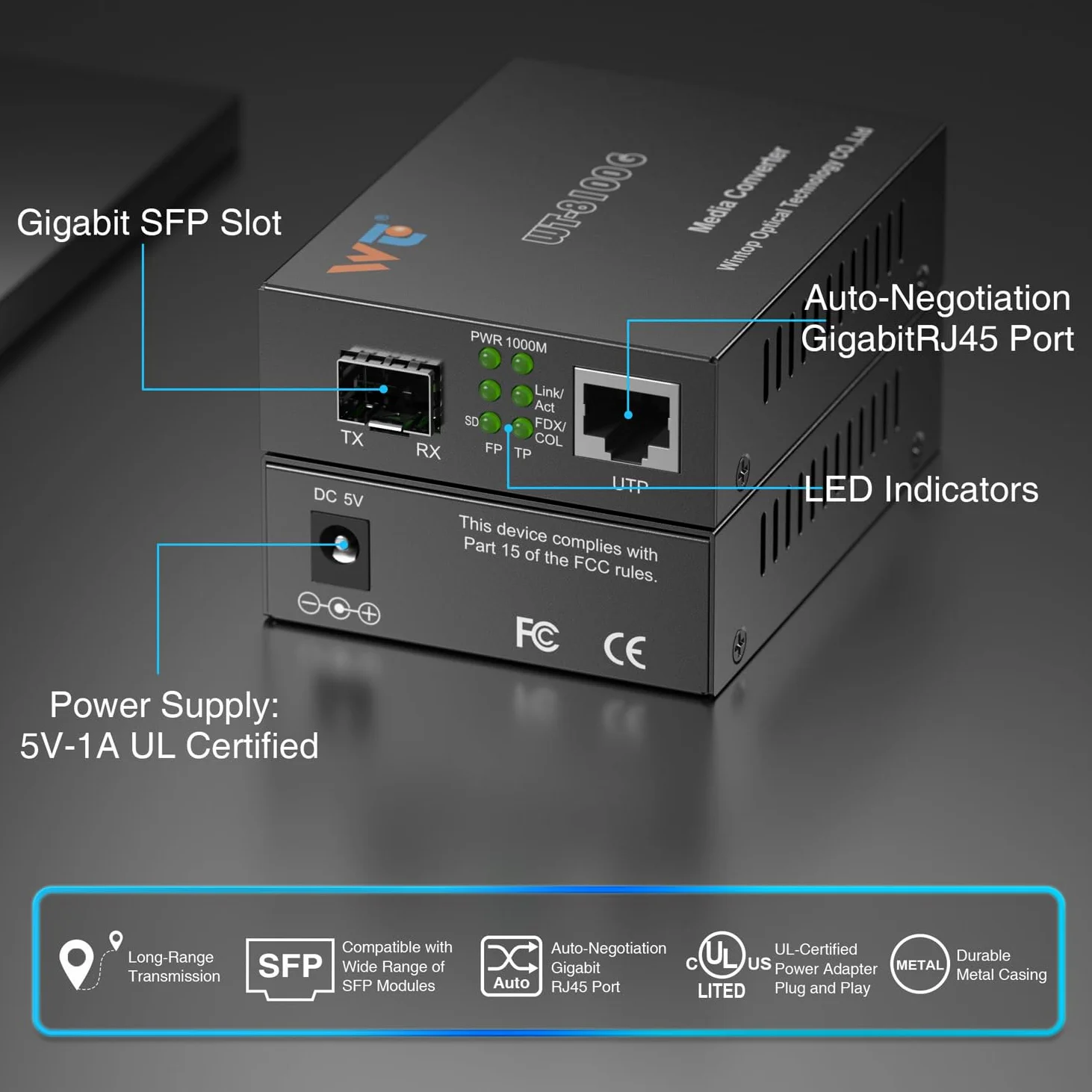 Lot de 2 convertisseurs de médias Ethernet en fibre avec 2 émetteurs-récepteurs optiques SFP 1,25 Gbit/s, convertisseur de média Gigabit SFP vers RJ45 avec émetteur-récepteur Gigabit fibre 1000Base-SX