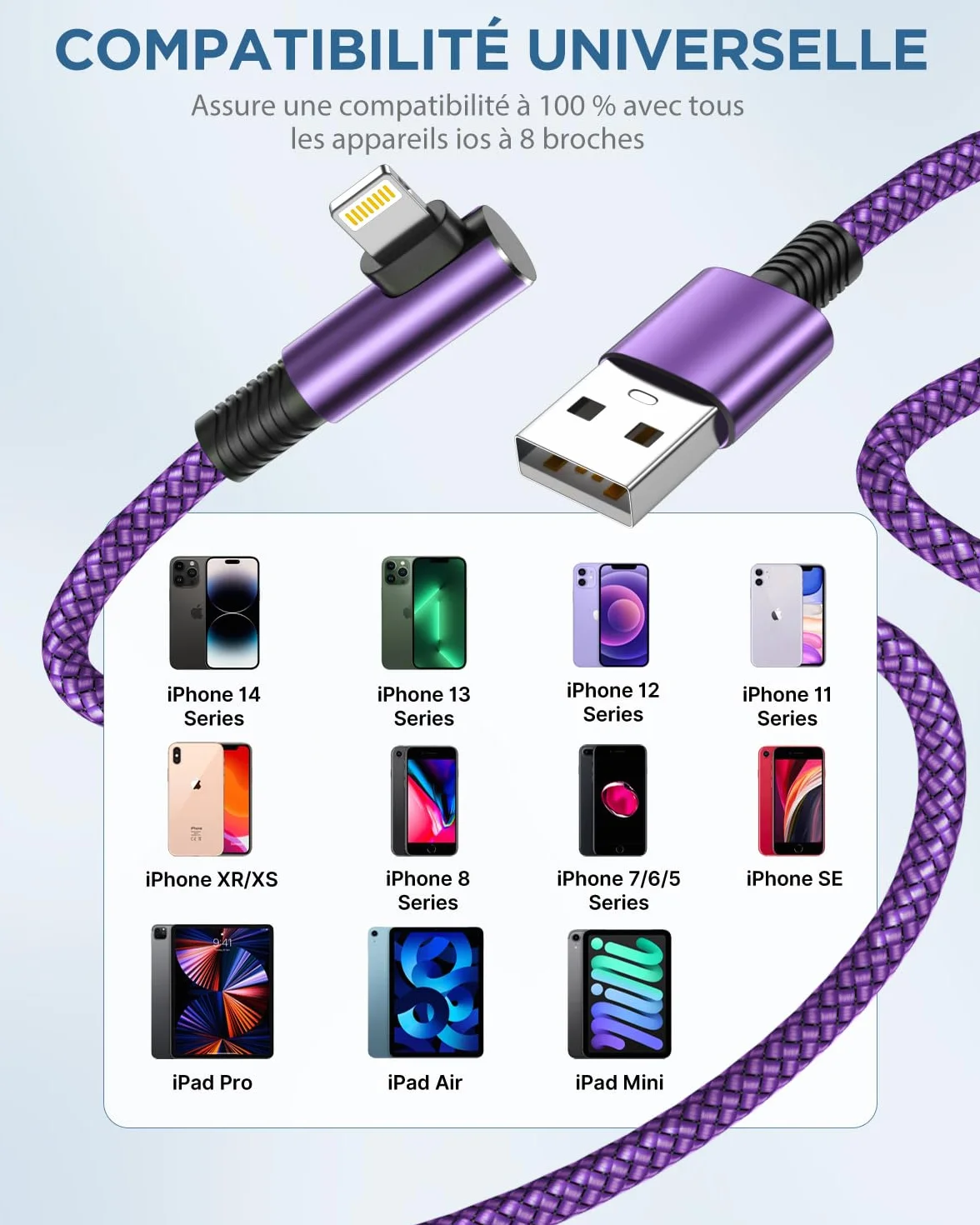 Câble iPhone MFi Charge Rapide Tressé 2m Lot de 3 USB Lightning pour iPhone 13/11/14/12 Pro Max Plus Mini XR XS 8 7 6S SE iPad Airpods