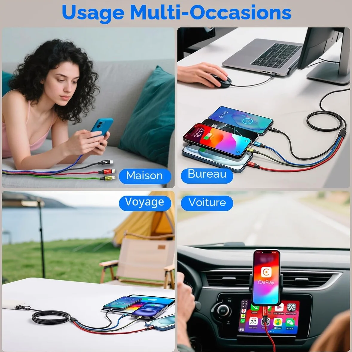 Minlu Câble de Charge 4 en 2, Cable Multi Embout avec Transfert de Données 3,5A 1,2M Nylon USB Rapide Micro/Type C/Lightning