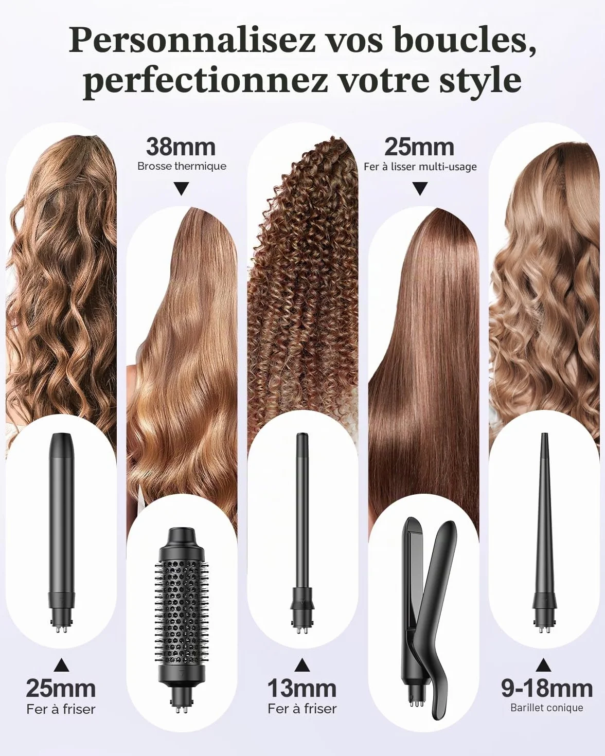 BESTOPE PRO Fer à Boucler 5 en 1 avec Lisseur, Brosse Thermique, 3 Fers Céramique 9-25 mm, 13 Températures