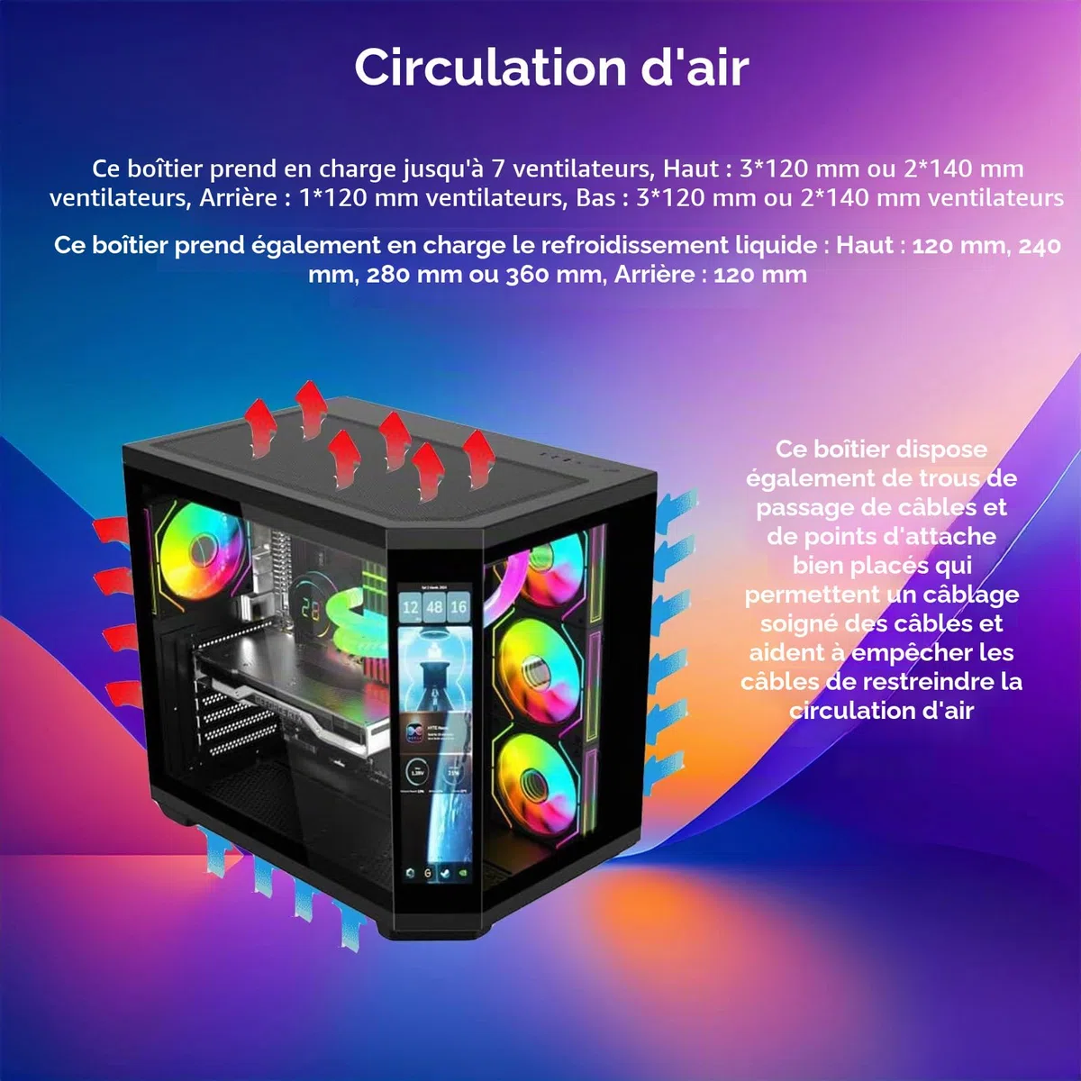 Boîtier PC - Gaming | IONZ APEX Vision - Tour intermédiaire ATX, double chambre avec 4 ventilateurs ARGB PWM - Écran LCD | Noir
