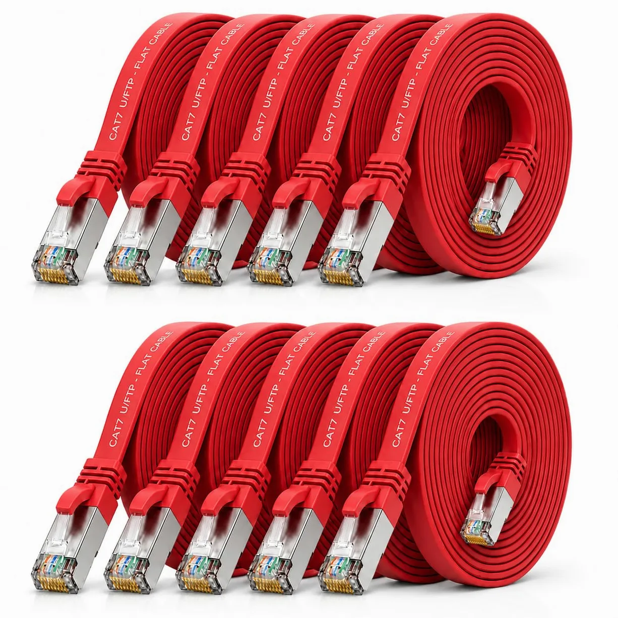 10x Câble Ethernet CAT7 plat 10m U/FTP 10 Gbit/s fiches RJ45 Cat6a rouge | Câble réseau LAN plat, flexible, LSZH pour box Internet, routeur, switch, PC, TV, console, modem, NAS et panneau de brassage.