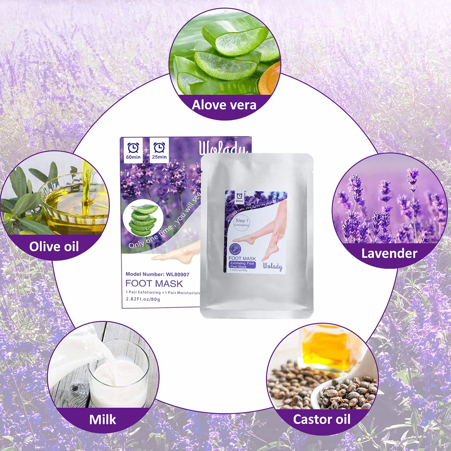 Wolady Masque Peeling Exfoliant Pieds Anti-Callosités Chaussette Hydratante 2 Paires Lavande Aloe Vera