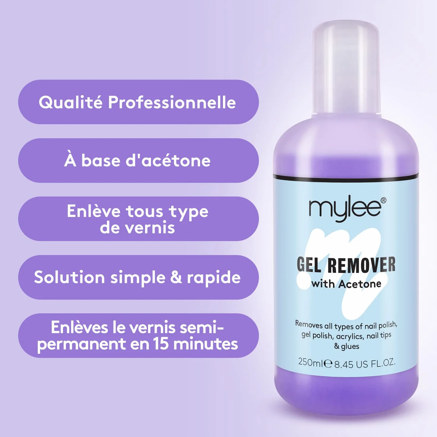 Mylee Dissolvant de Vernis à Ongles Semi Permanent Acetone 250ml UV LED Nettoyant Vernis Gel