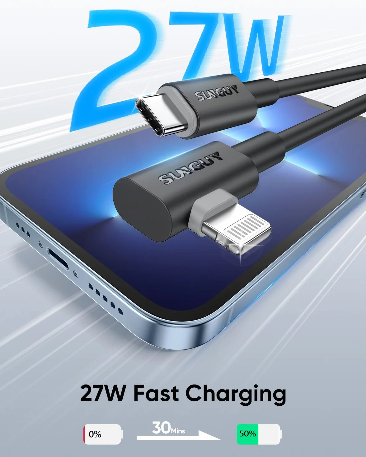 SUNGUY Câble USB C vers Lightning Angle Droit 0.5m 2 Pièces 27W pour iPhone 14/13/12/11 Pro Max Mini XR XS 8 7 6 5 Plus CarPlay