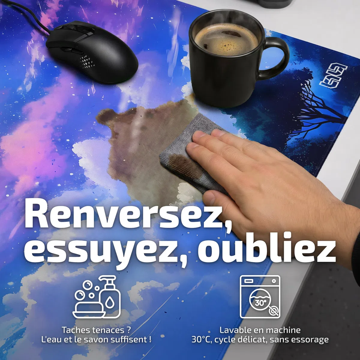 Tilt Grand Tapis de Souris Gamer XXL 90x40 cm | Tapis de Bureau Gaming Anti-Dérapant | Mouse Pad Imperméable pour PC et Accessoires Gaming | Tapis de Clavier (Night Clouds)
