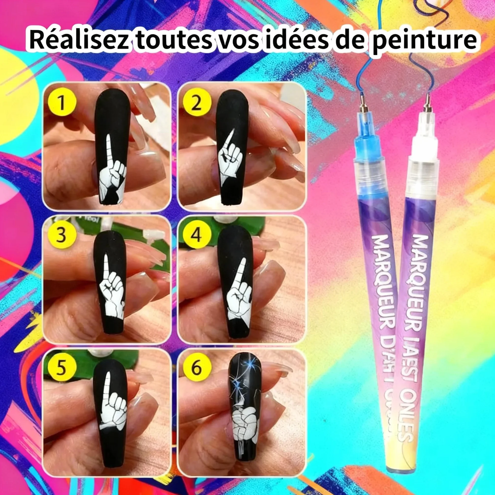 Kit de 12 Feutres Vernis à Ongles Stylo 3D Nail Art Professionnel Pointe Métallique Fine 0.5mm