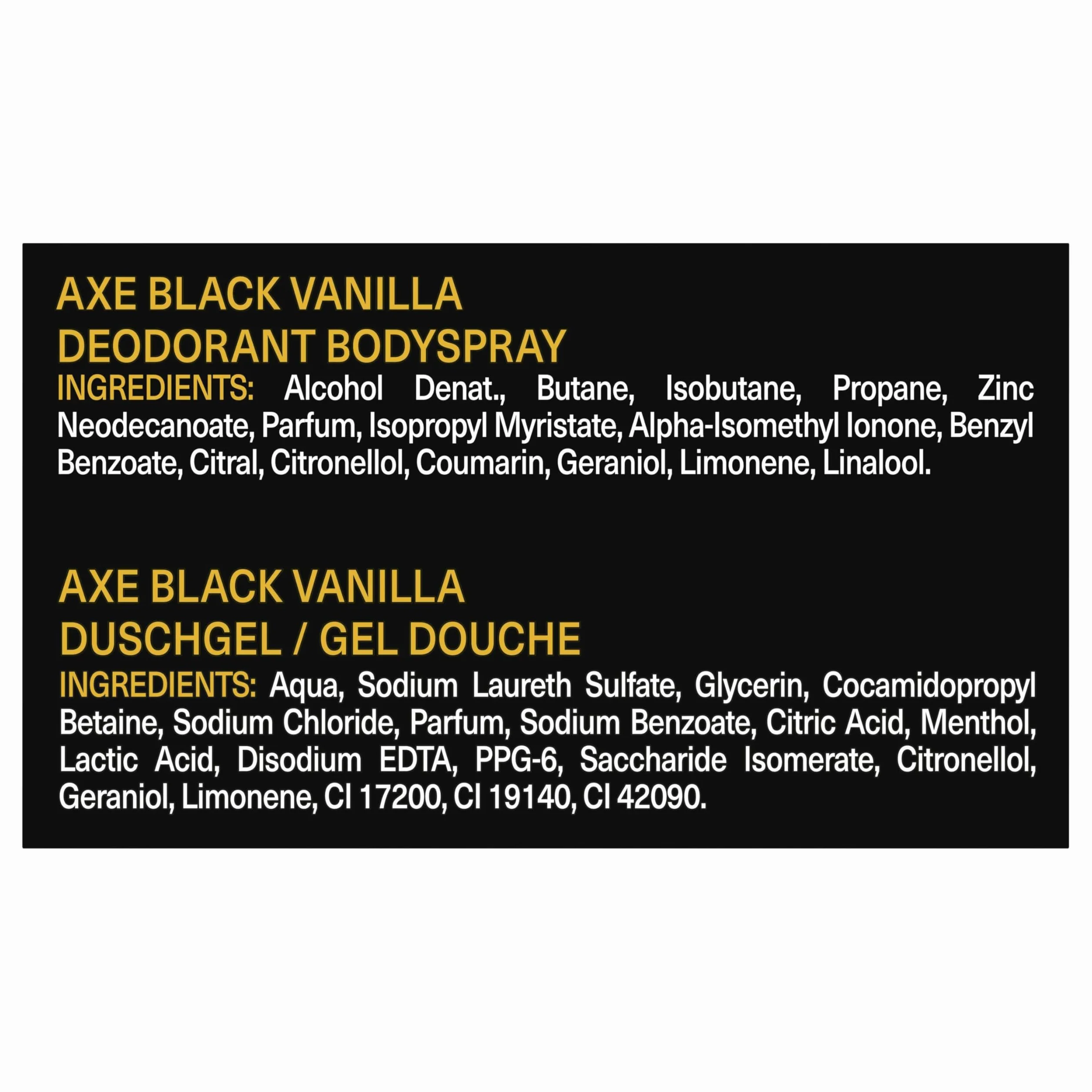 Axe Black Vanilla Coffret Cadeau Déodorant Gel Douche 150 ml 300 ml