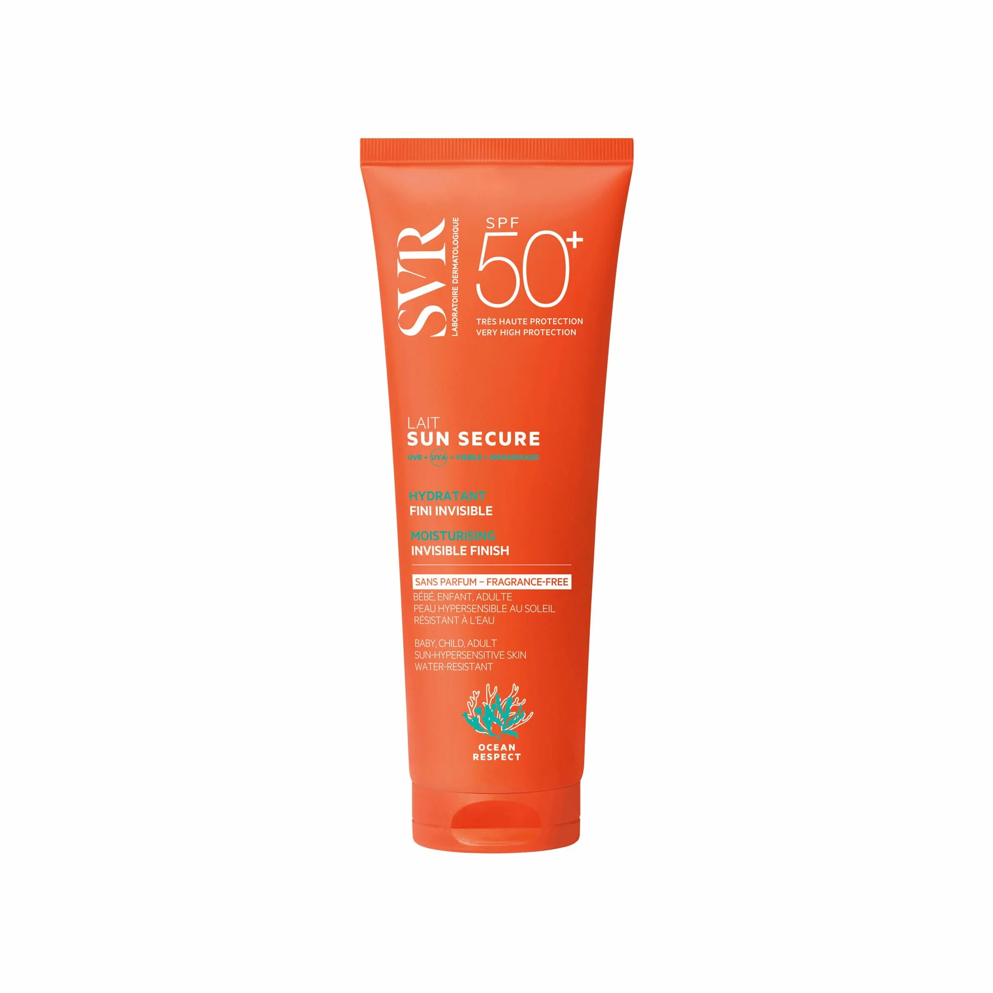 SVR Sun Secure Lait SPF50+ Sans Parfum 250 ml Lait solaire hydratant invisible Très haute protection UVA UVB infrarouge lumière visible Peaux sensibles Niacinamide Vitamine E