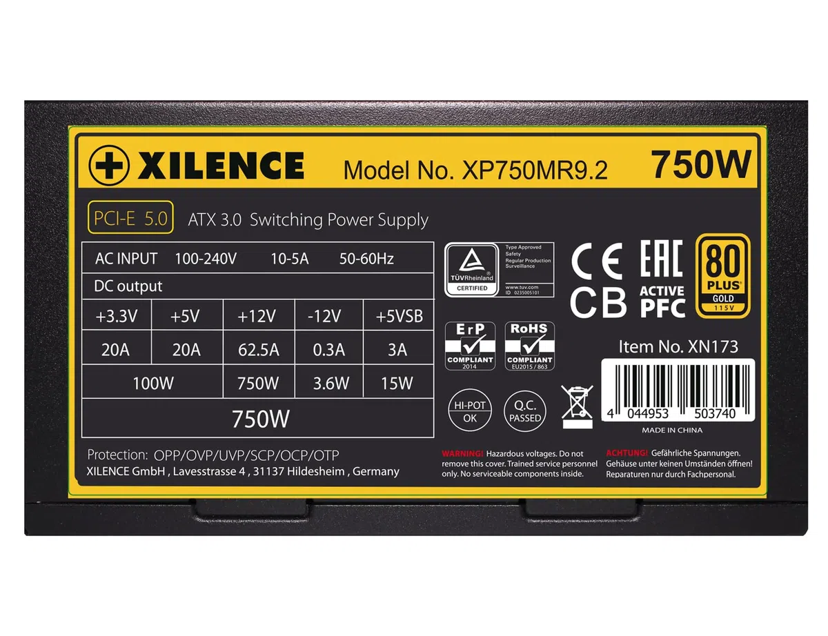 Xilence XP750MR9.2 Alimentation PC 750W, ATX 3.0 PCI-E Gen 5.0, 80+Gold, Semi modulaire, Gaming, câbles Plats élégants, 1x20+4PIN, 1x4+4PIN, 1x8PIN, 1xVHPWR, 3xPCI-E 6+2PIN, 3xIDE, 6xSATA, Noir