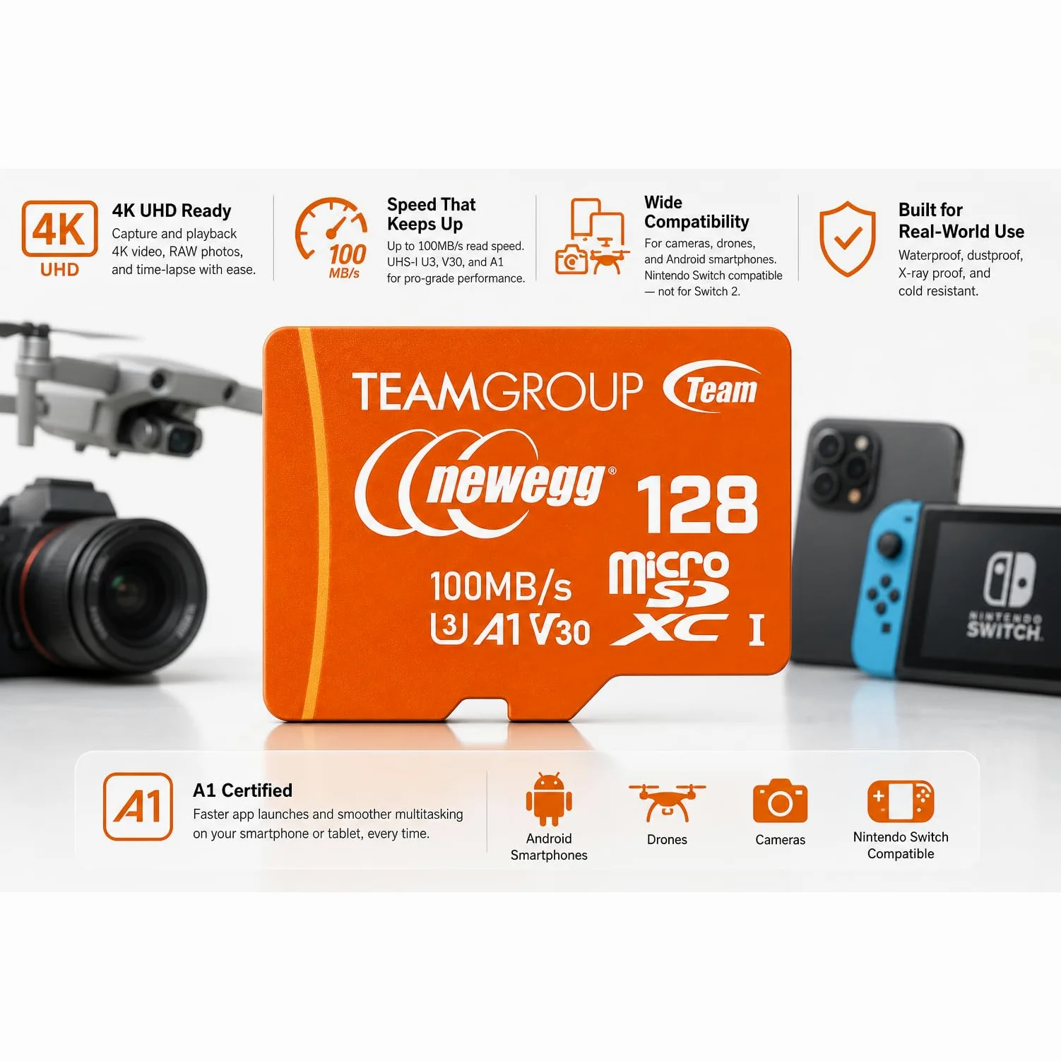 NEWEGG Carte microSDXC A1, vitesse de lecture jusqu'à 100 Mo/s, 128 Go pour appareils photo, drons et smartphones Android, 4K UHD U3 V30, TUSDX128GIV30A172