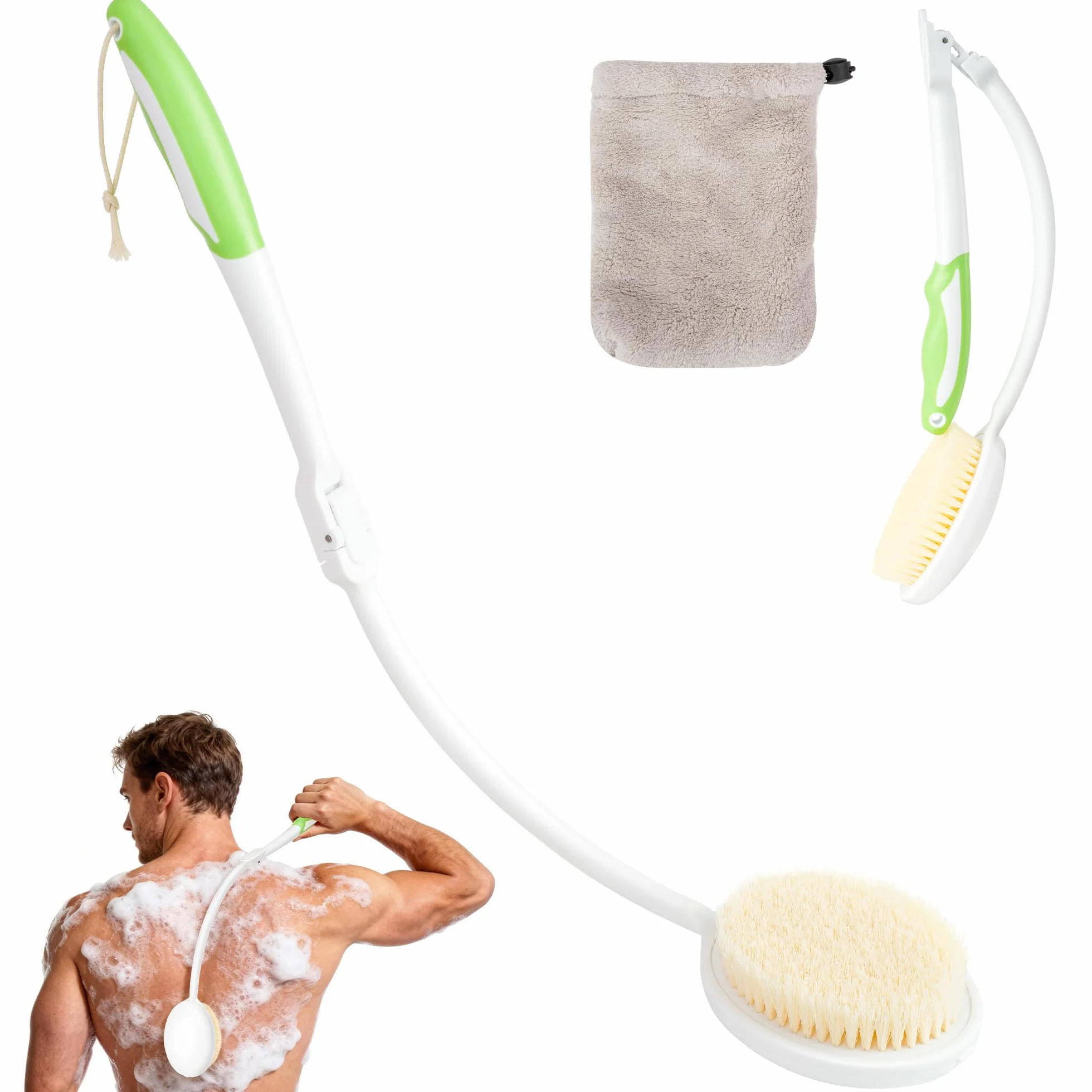Brosse Dos Douche Pliable Long Manche – Brosse Douche Dos Poils Souples Serviette Incluse Ergonomique Nettoyage Corps Entier