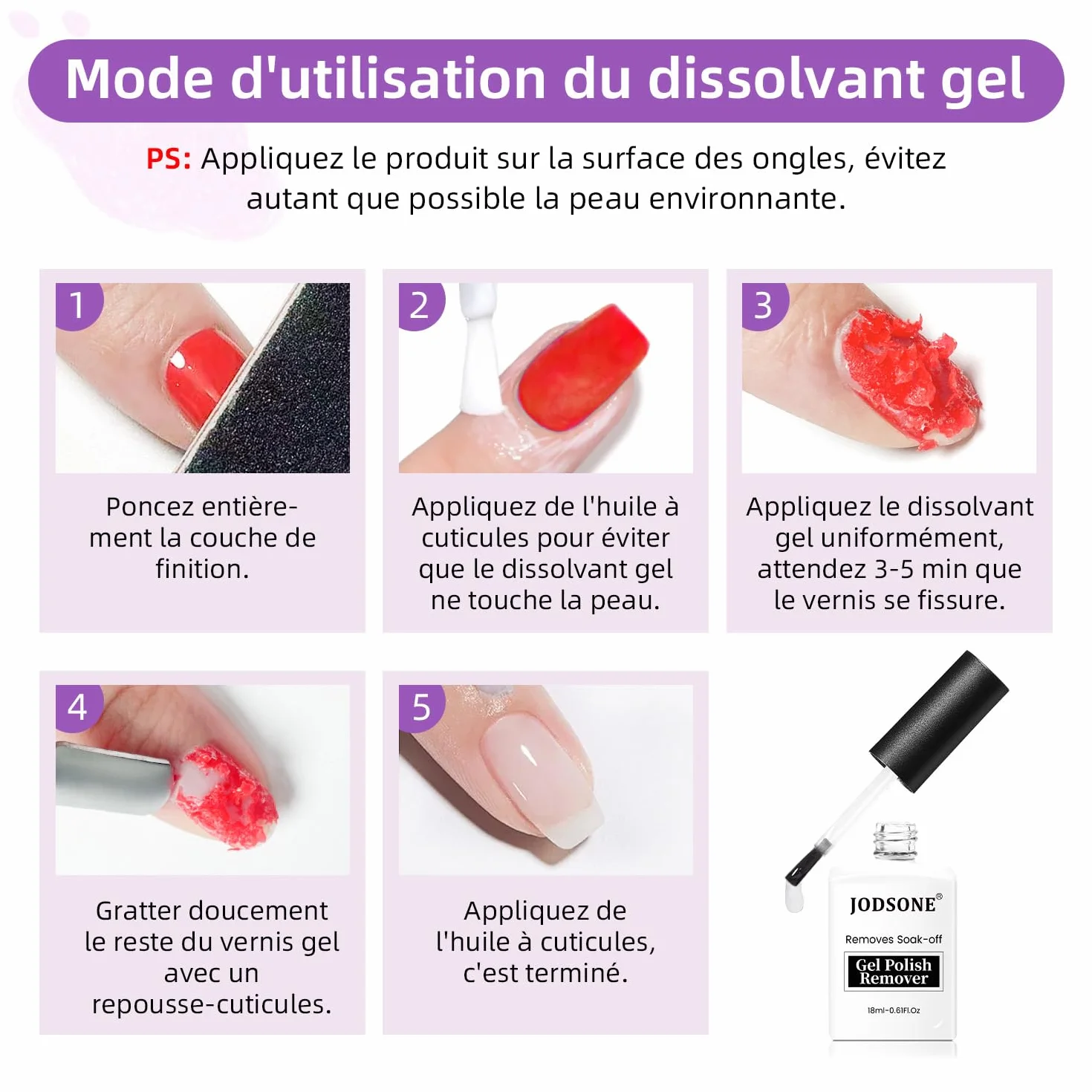 JODSONE Dissolvant Vernis Semi Permanent 18ML, Pas de Trempage Requis, 3-5 Minutes