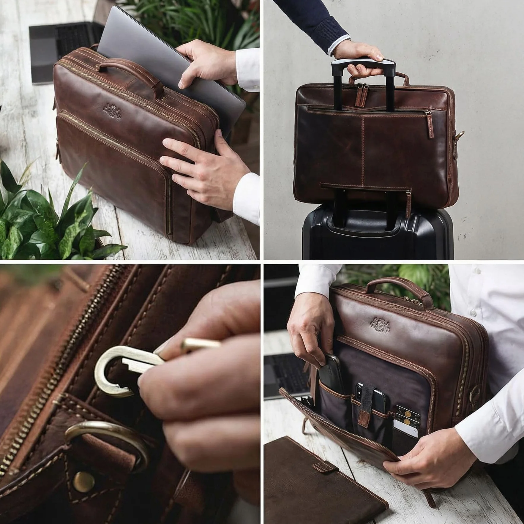 SID & VAIN Sac Ordinateur Portable Cuir véritable 15.4 Pouces Simon Mallette Professionnelle bandoulière XL Grand pour Hommes et Femmes Serviette de Travail Etudiante Marron