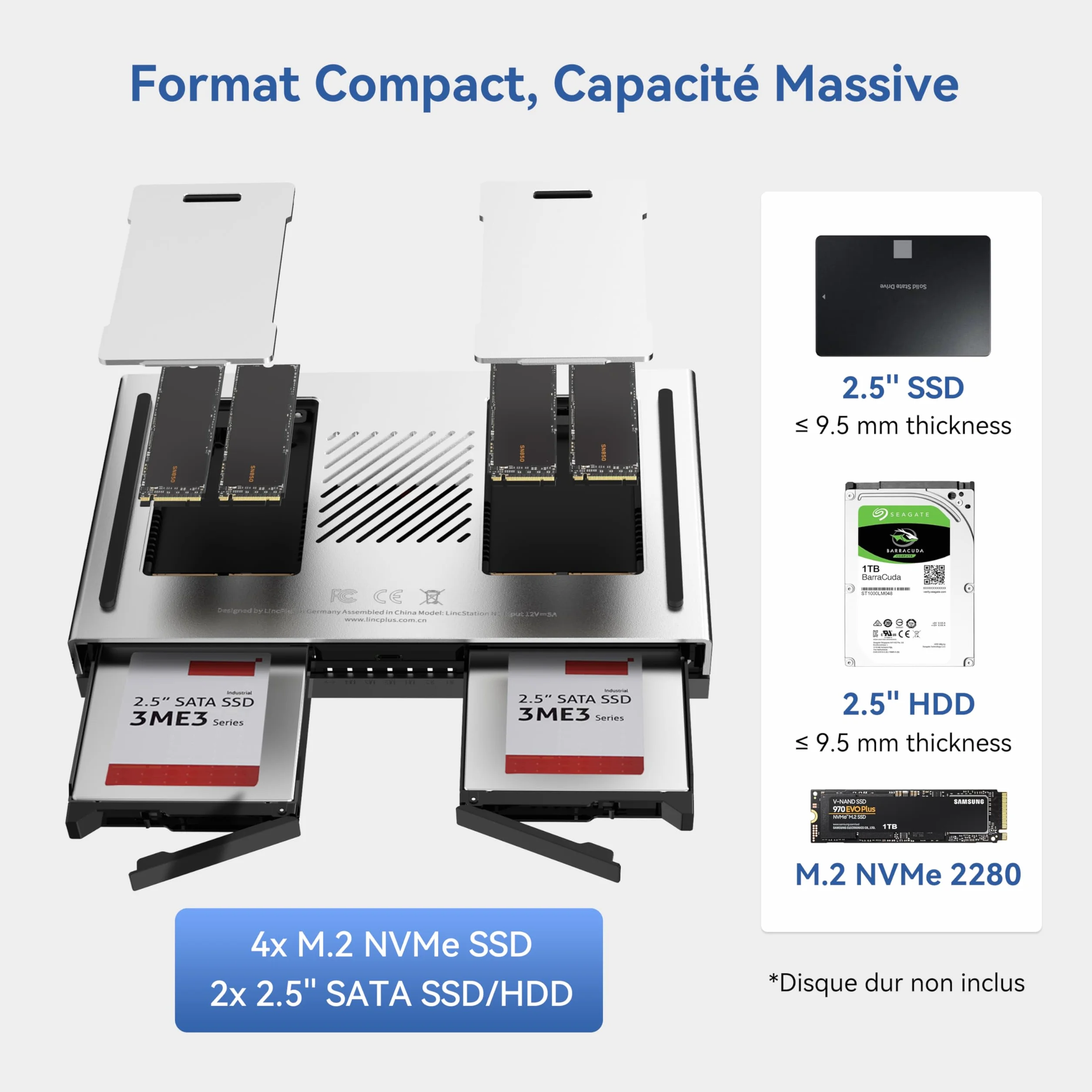 LincStation N2 NAS 6 Baies Intel N100 Quad-Core 16 Go LPDDR5 128 Go eMMC 10GbE 2.5 HDD M.2 NVMe 4K HDMI Stockage en Réseau