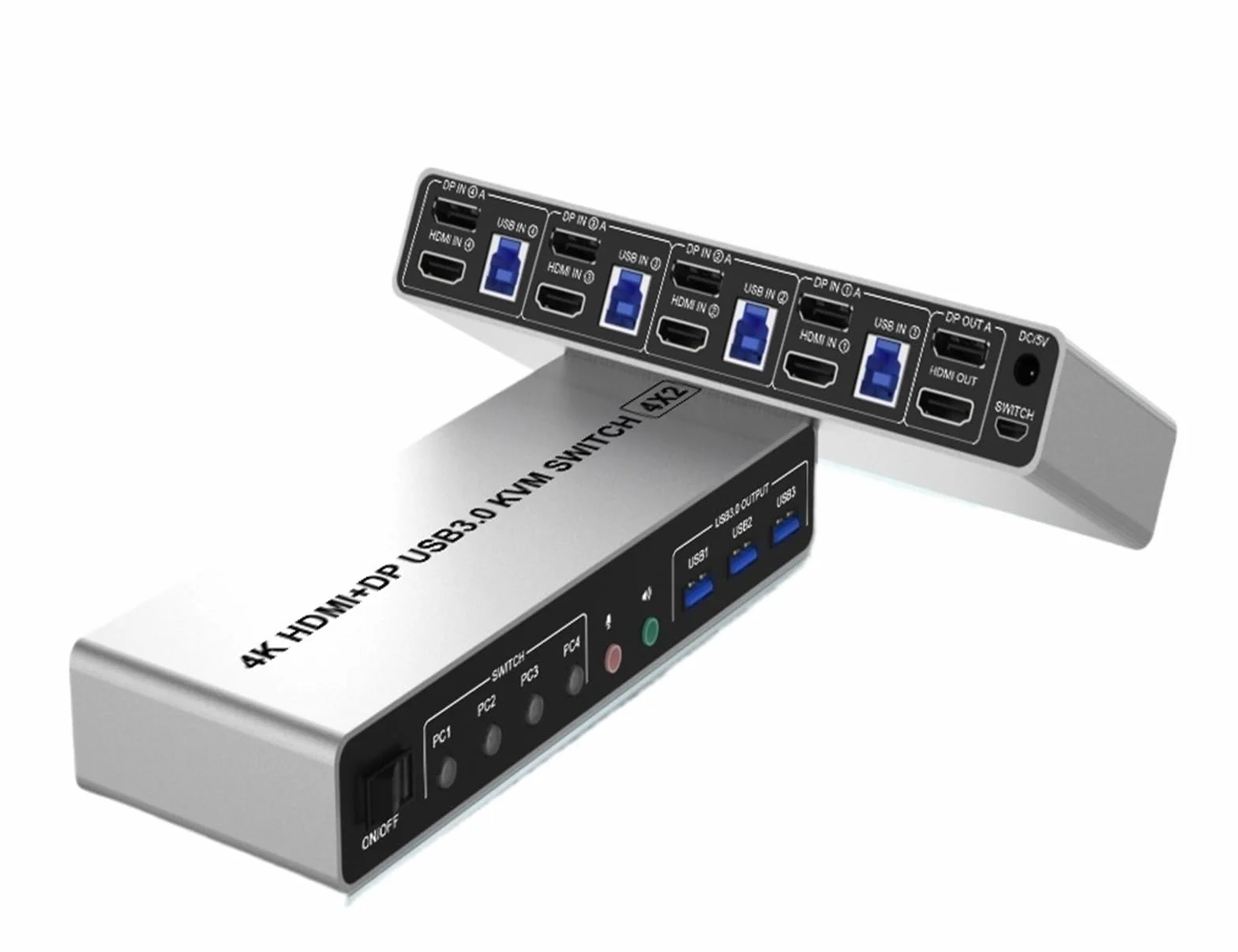 4K @ 60Hz USB 3.0 Displayport + KVM Switch 2 moniteurs 4 Ordinateurs, Ports Double Moniteur + DP commutateur de for PC pour Le Streaming de Jeux et l'enregistrement Multi-Sources