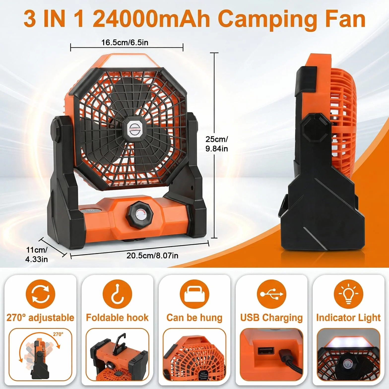 Qoosea Ventilateur de Camping Portable 24000mAh 3 en 1 avec Lumière LED 4 Vitesses pour Extérieur