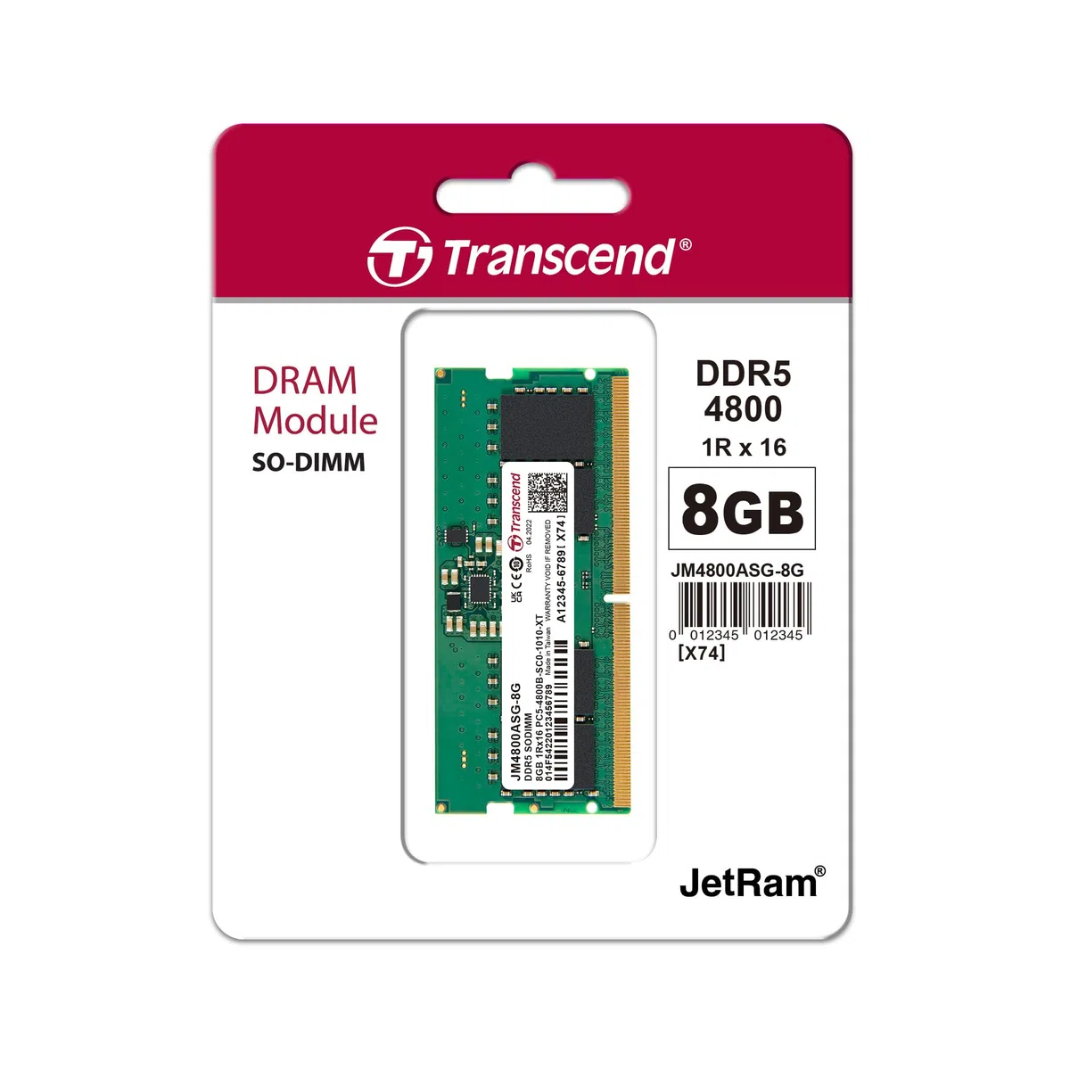 Transcend JetRam 8Go DDR5 4800MHz So-DIMM CL40, RAM pour PC Portable