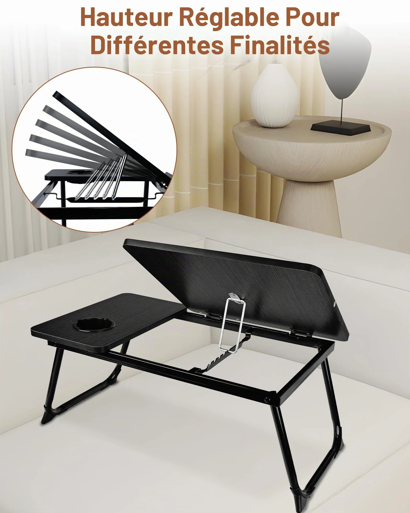 Plateau de Lit Pliable 55.5x32x25cm Table de Lit Support Ordinateur Portable 5 Positions 20kg Noir