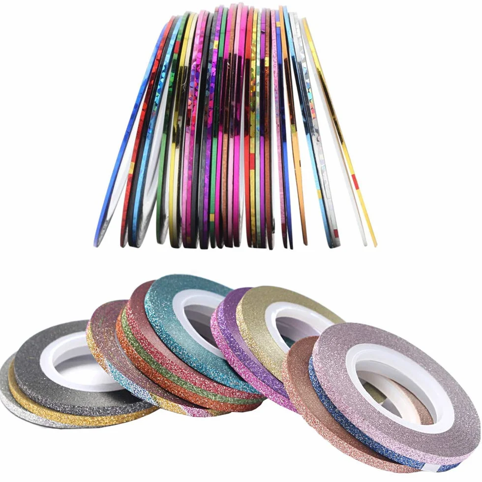 Ruban Autocollants à Ongles 32 Rouleaux Couleurs Mélangées, Accessoires Nail Art DIY Or Argent