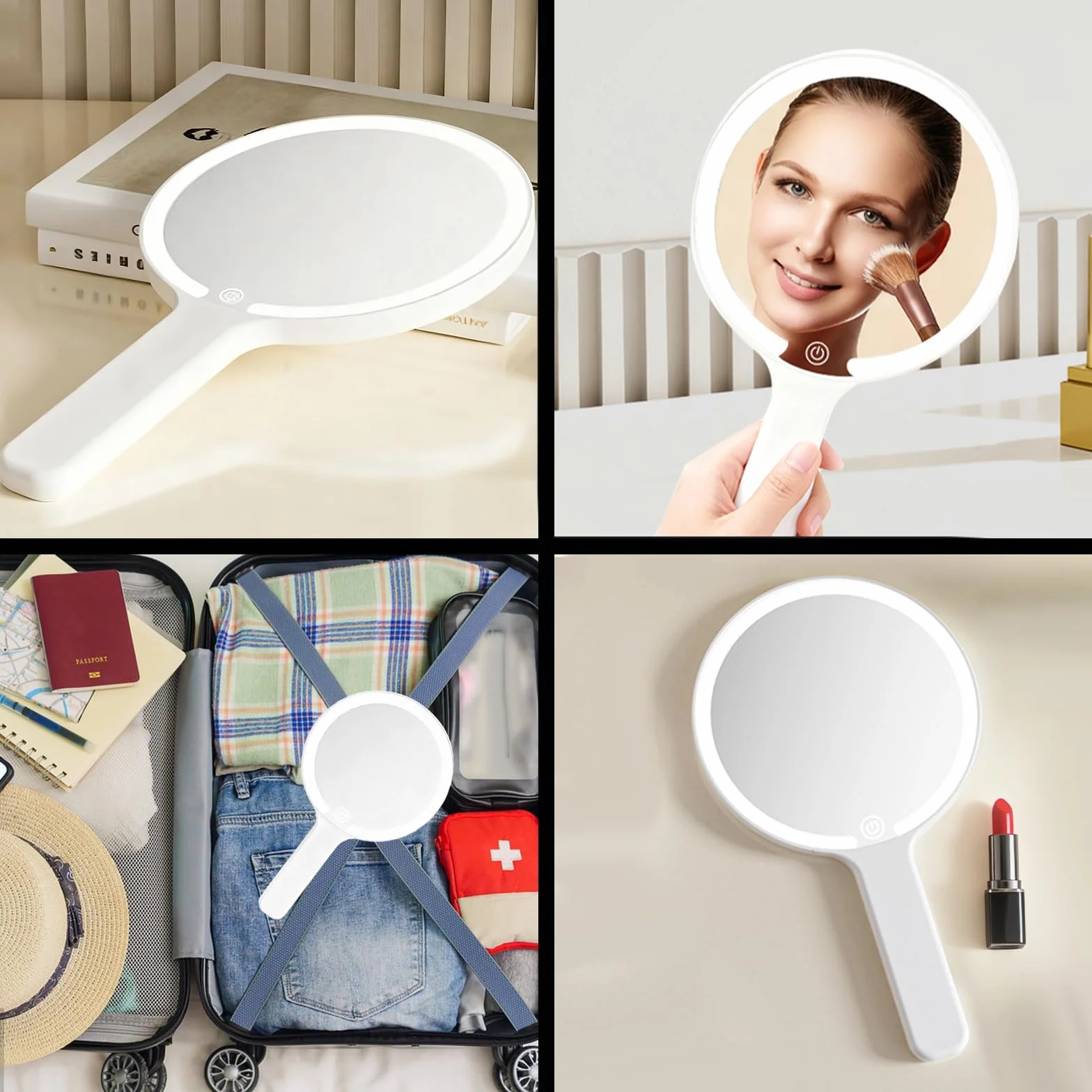 Miroir à Main avec Poignée Lumineux Portable, 3 Couleurs Claires, Interrupteur Tactile, Rond