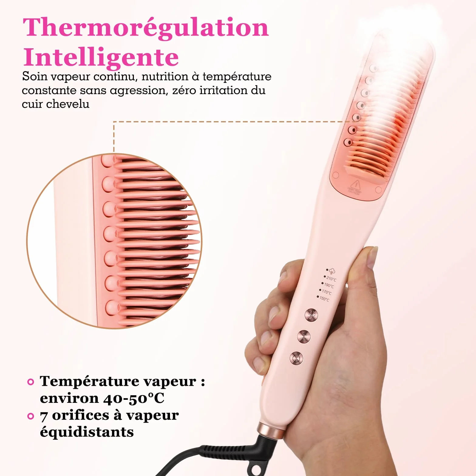 Brosse à Repasser à Cheveux à Vapeur, Lisseur Vapeur, Plaques en Céramique, 4 Niveaux Température, Chauffage Rapide 30s