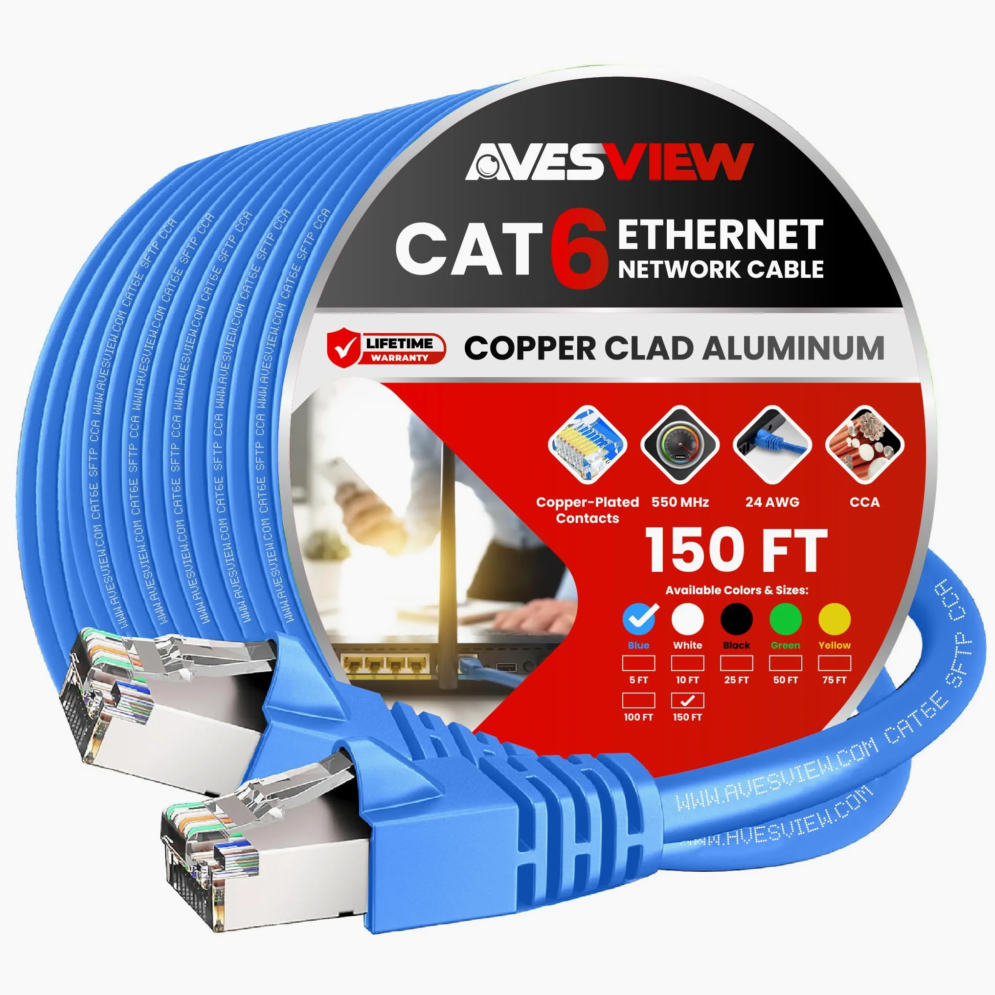 Câble Ethernet CAT 6 de 45,7 m, intérieur haut débit, 10 Gbit/s, long câble Ethernet CAT6 sans accroc pour Internet, routeur, modem, ordinateur, PlayStation, Xbox, caméra PoE, imprimante