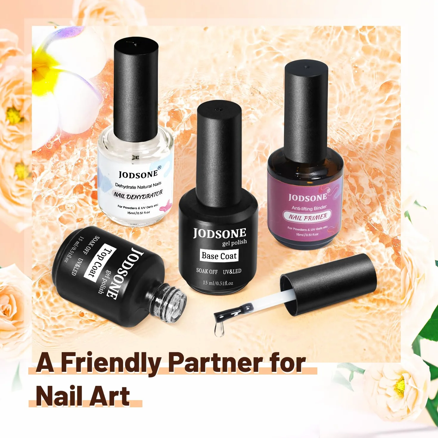 JODSONE Vernis Semi Permanent Déshydrateur d'ongles Base et Top Coat 15ML x 4 Durable