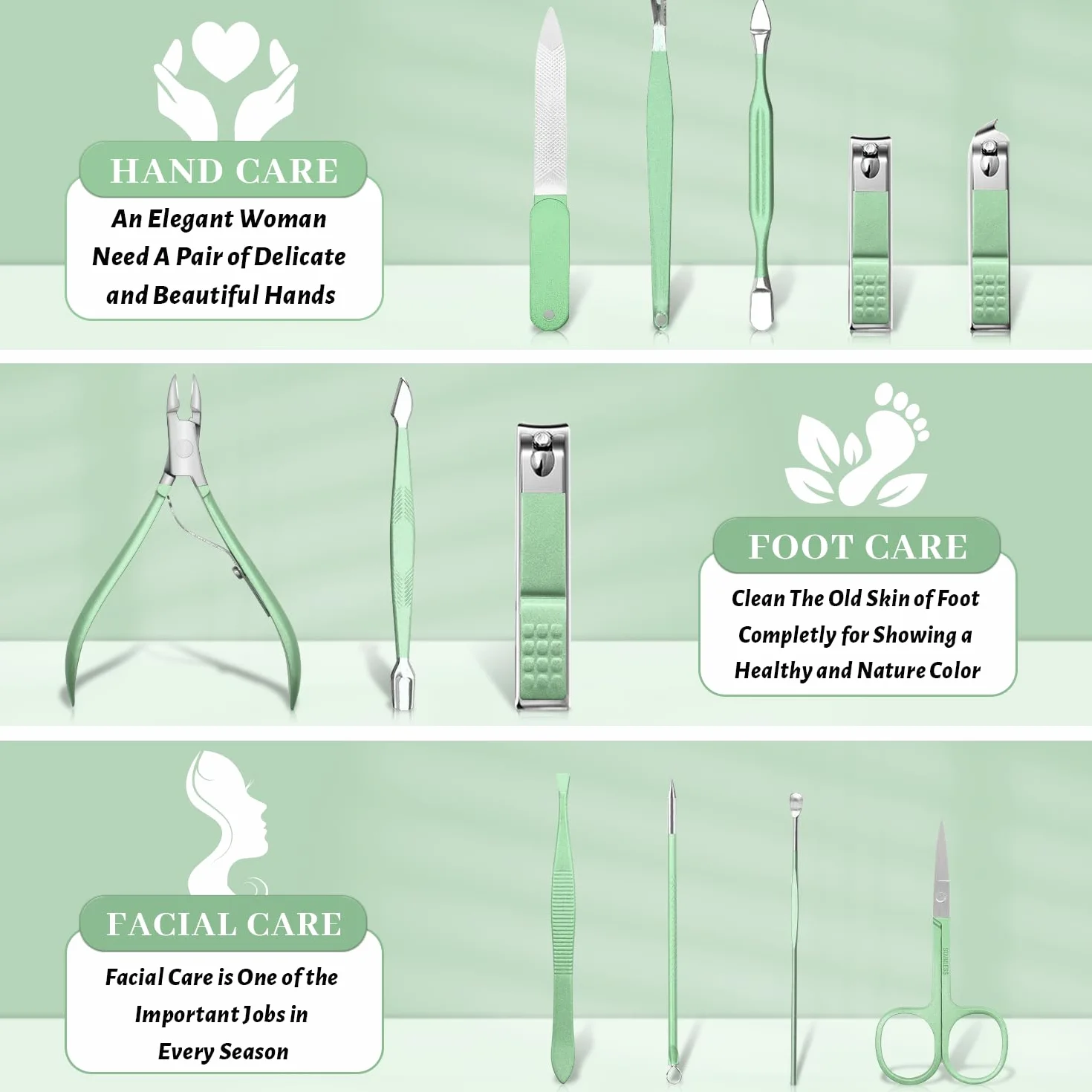 Kit Manucure Pédicure Professionnel 12 en 1 avec Sac de Voyage en Cuir Vert